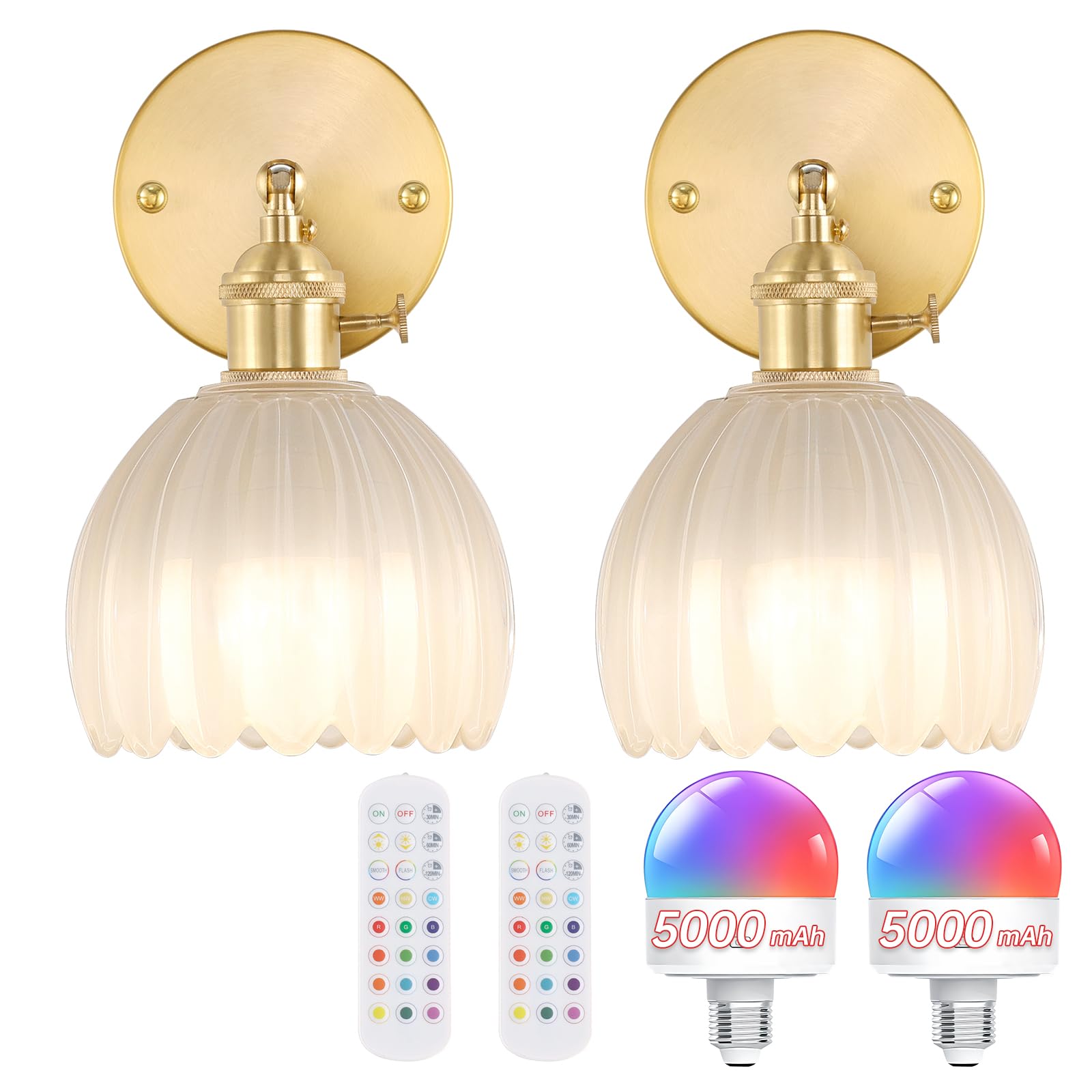 Shenmoyl Battery Operated Wall Sconce Set of 2, Cream Tulip Glass Lampshade, Rechargeable with Remote Control