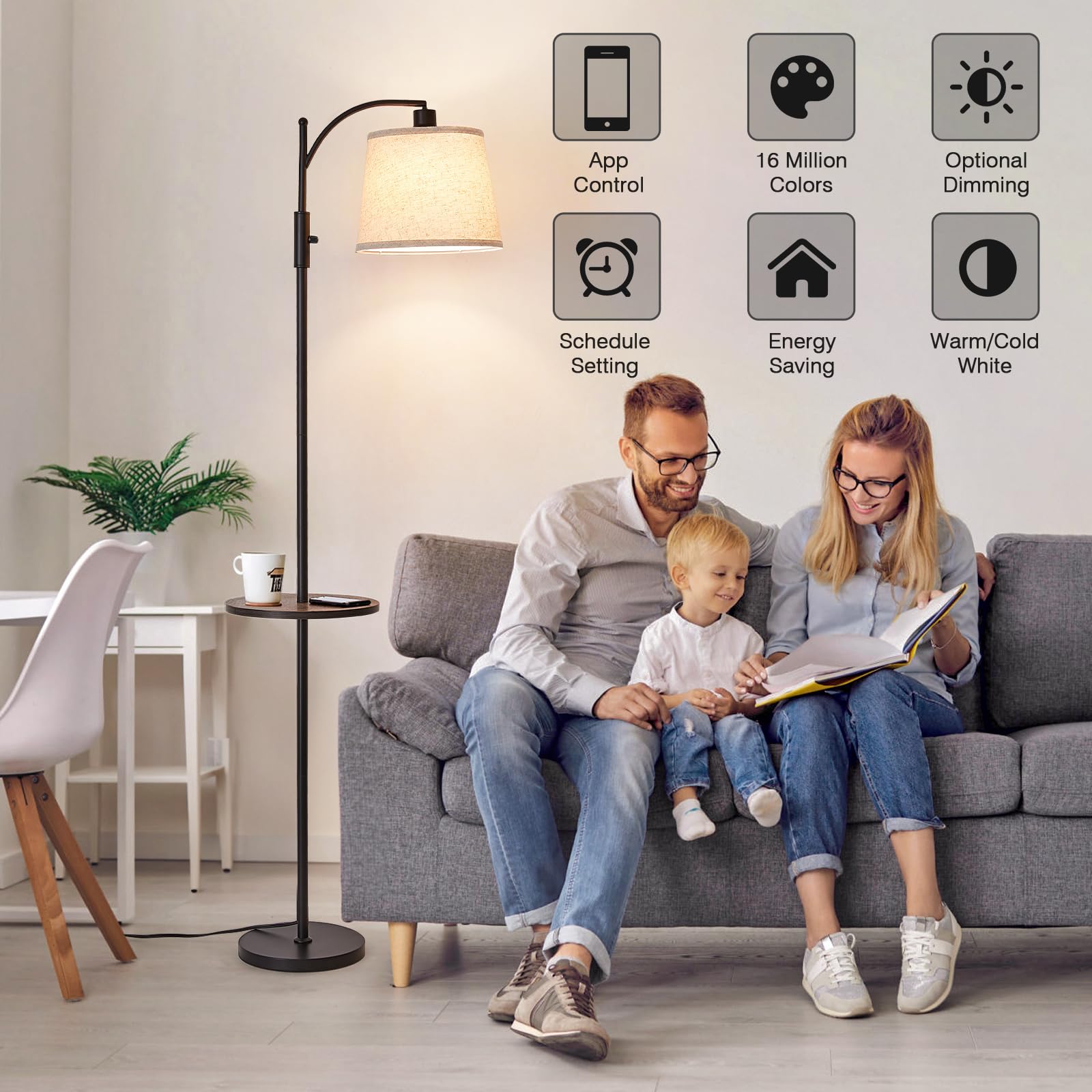 AIDENOEY Smart Floor Lamp with Side Table, Stepless Dimming, RGB, Voice Control, Black, Model HYZC0204, Metal, Standard Size
