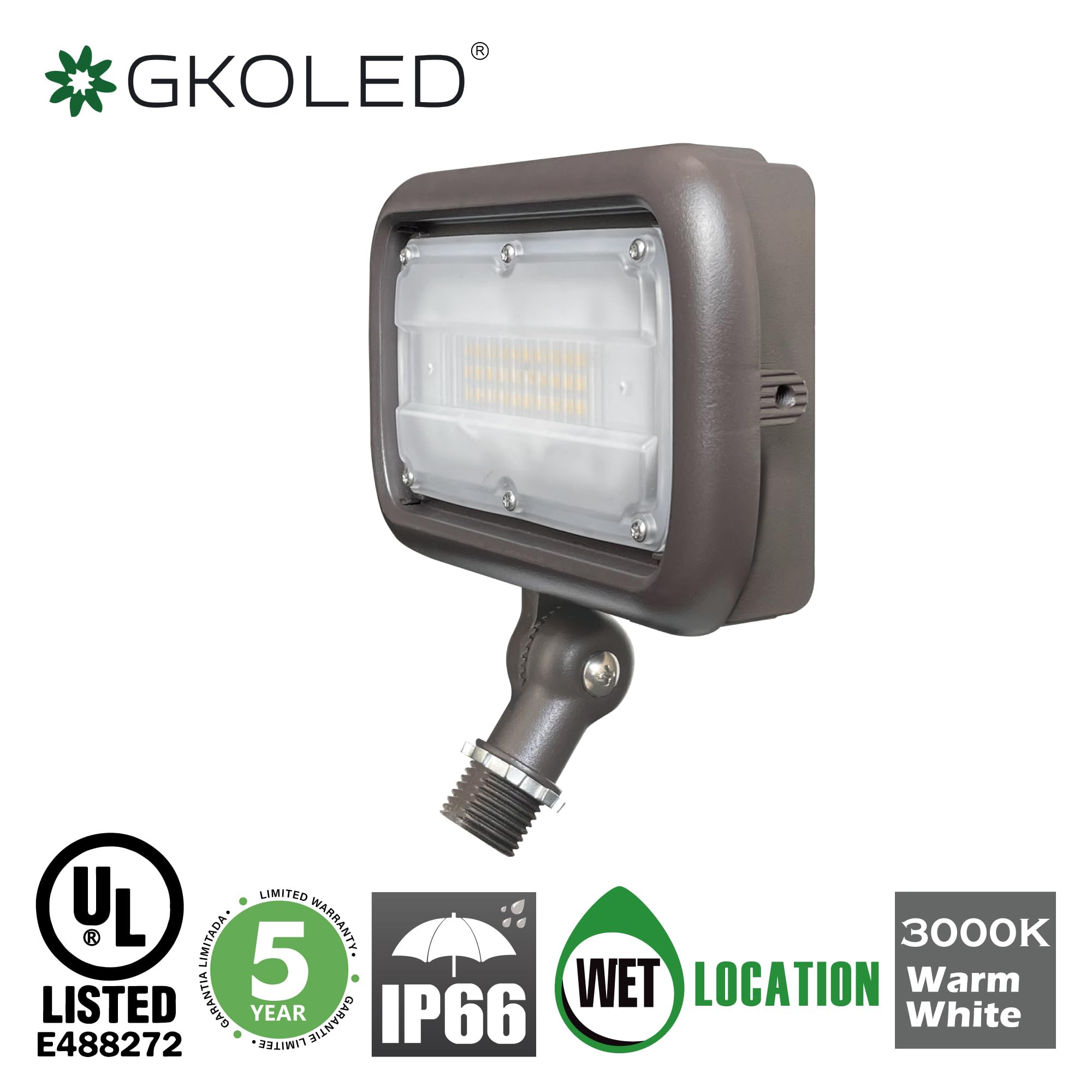 Gkoled 30W Led Floodlight, Outdoor Security Fixture, Waterproof, 100W Psmh Replace, 3000 Lumens, 4000K Cool White, 70Cri, 120-277V, 1/2&quot; Knuckle Mount, Ul-Listed