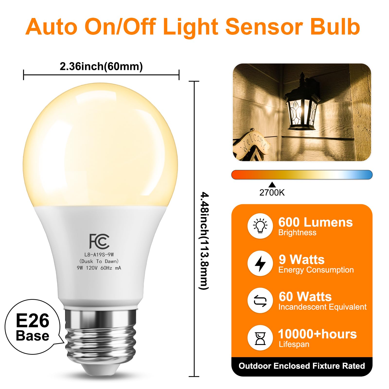 TJOY Dusk to Dawn Light Bulbs, LED Light Sensor, 9W, E26 Base, Soft White 2700K, 4 Pack