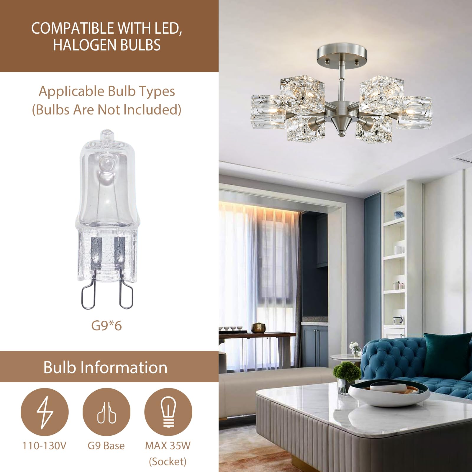 Peskoe Sputnik Light Fixture Modern Chandelier Ceiling Light, 16.9'' Brushed Nickel Semi Flush Mount Ceiling Light Fixture For B