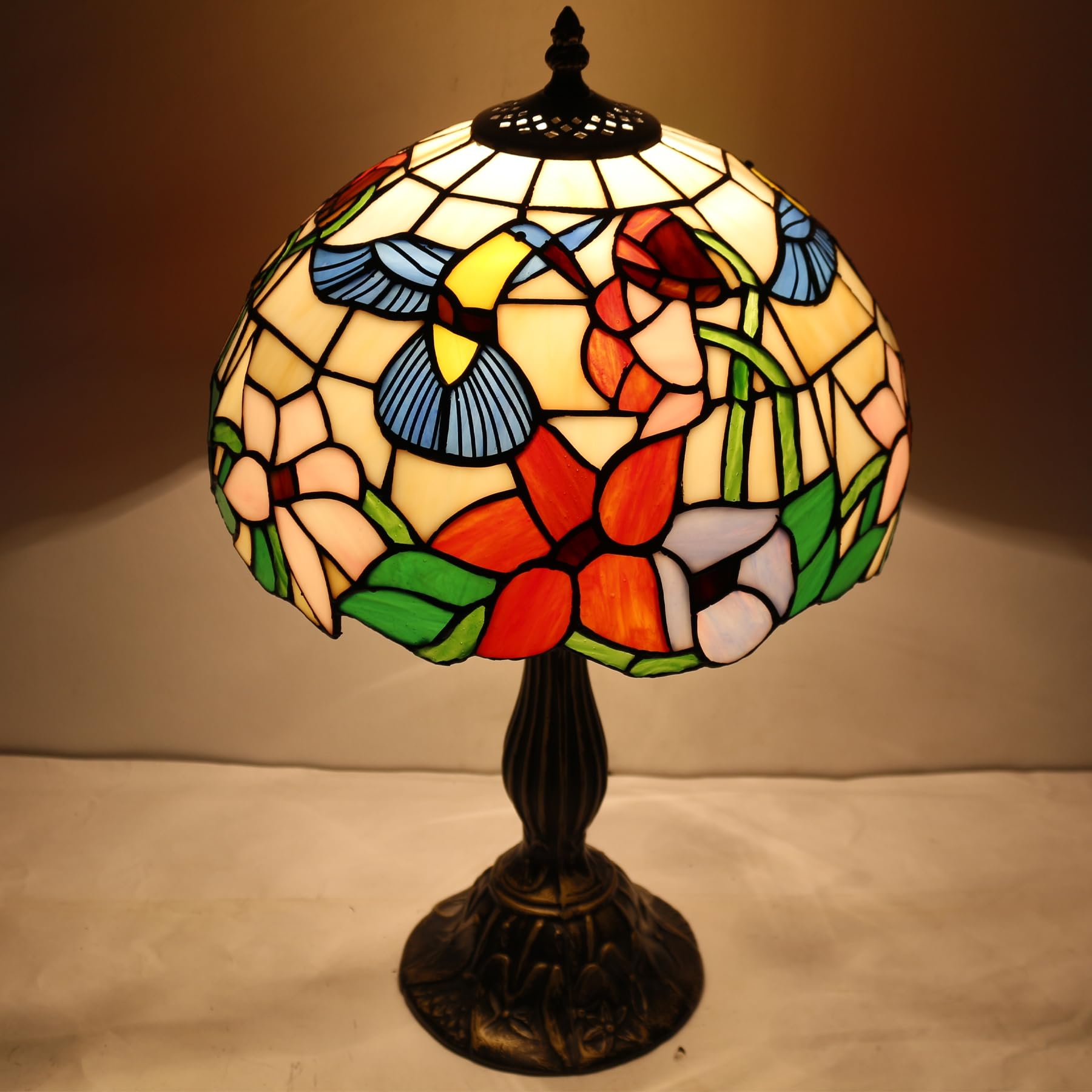 WERFACTORY Tiffany Lamp Stained Glass Hummingbird Style 12x12x18 Inches Glass Bedside Table Desk Light