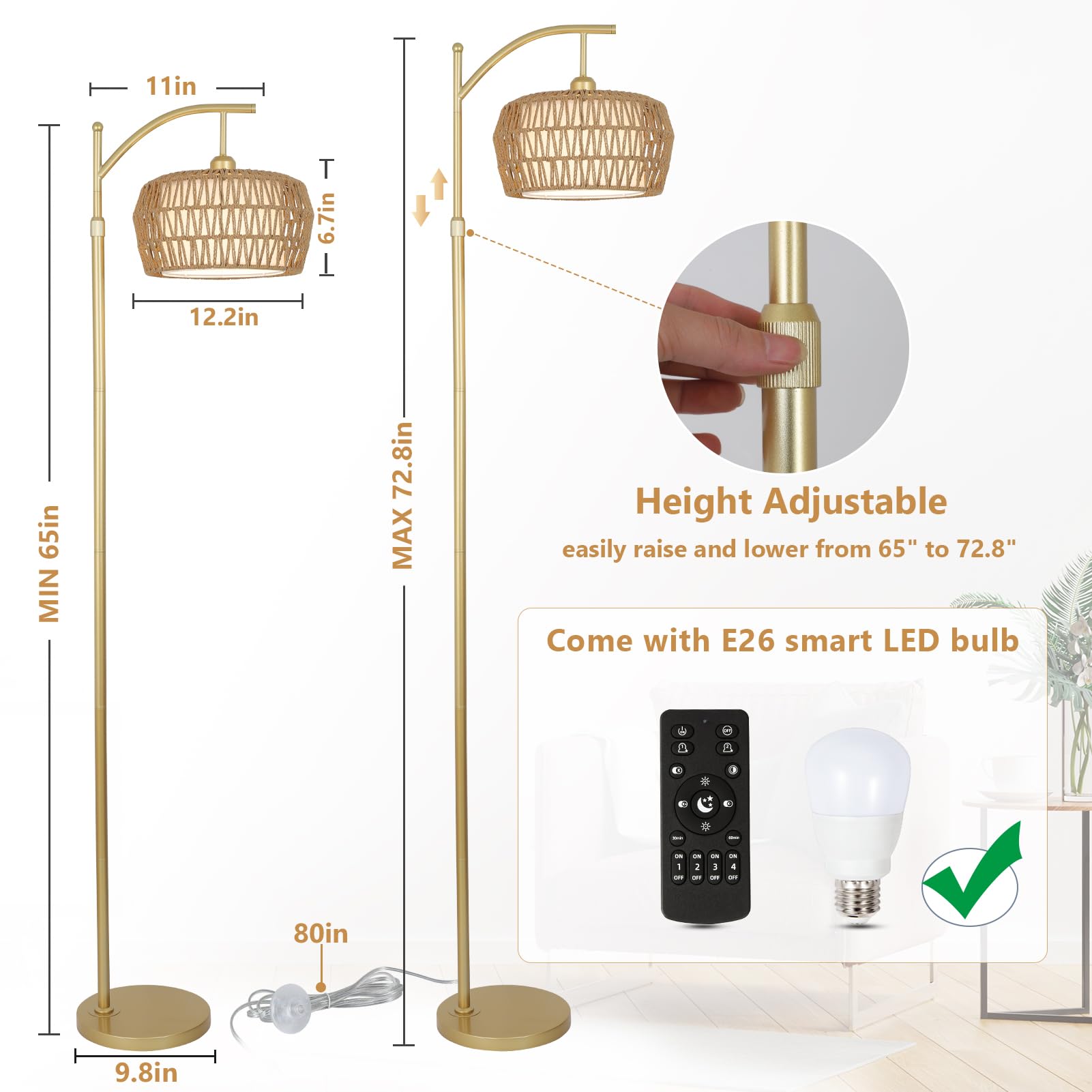 Lamsu Gold Floor Lamps For Living Room, Boho Rattan Floor Lamp With Remote And Dimmable Bulb, 3 Color Temperatures, Modern Arc S