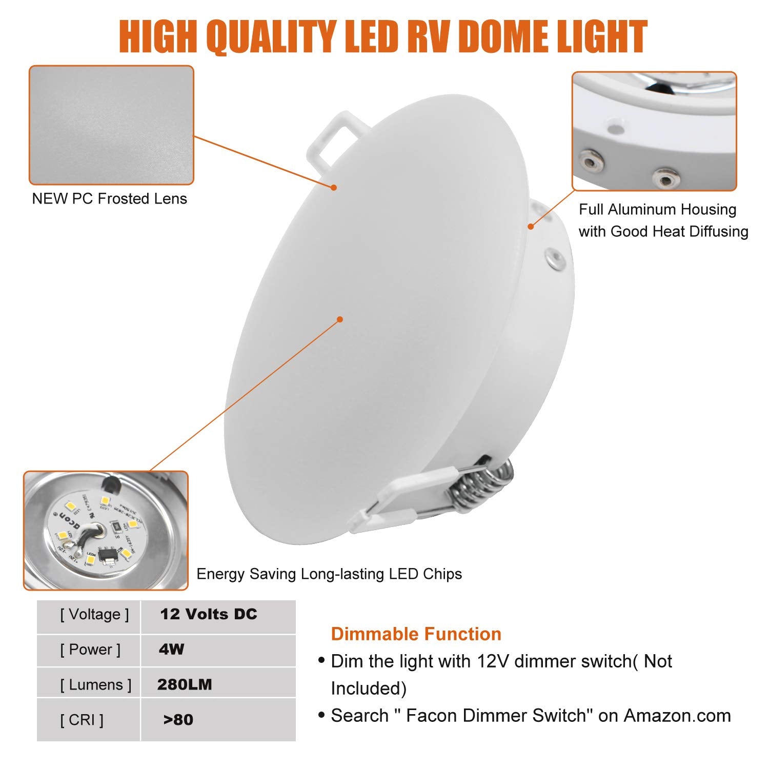 Facon 4.5 LED RV Puck Light, 12V Recessed Down Light, Aluminum, 4000K Cool White for Motorhomes, Campers, Trailers, Boats