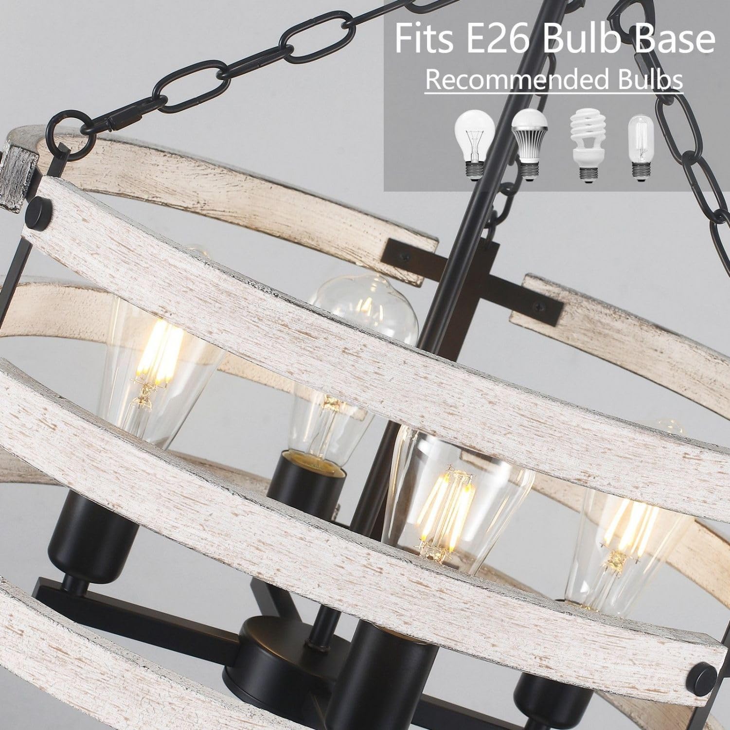 Luupyia Rustic Farmhouse Chandelier, 18.89" White Drum Pendant Light, 4 Lights E26, Vintage Metal Fixture for Dining Room & Entryway