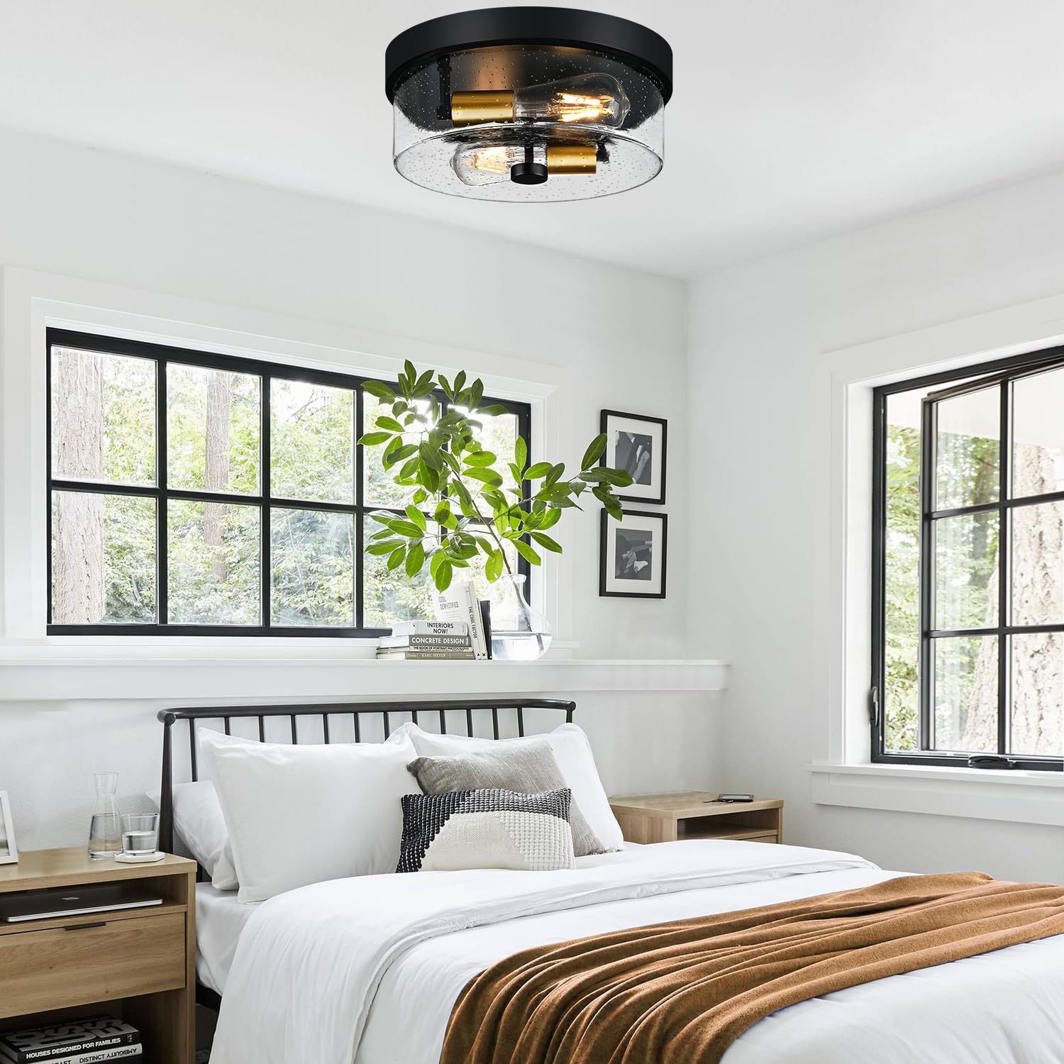 Flush Mount Ceiling Light Fixtures, 2-Light Black And Gold Ceiling Mount For Farmhouse With Seeded Glass Lampshade, Industrial F