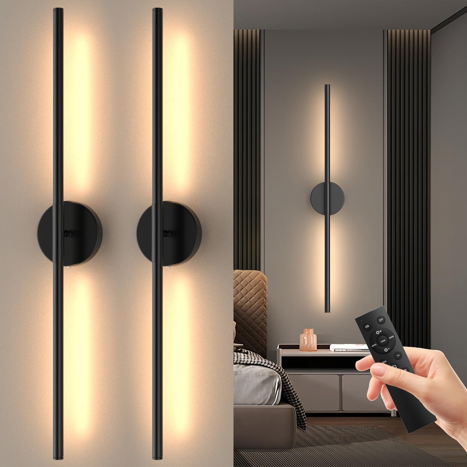 Tartek Battery Operated Wall Sconces Set of Two, 3000K-6000K Dimmable LED, 32 Inch, Black, Model SE-WS-BP02R