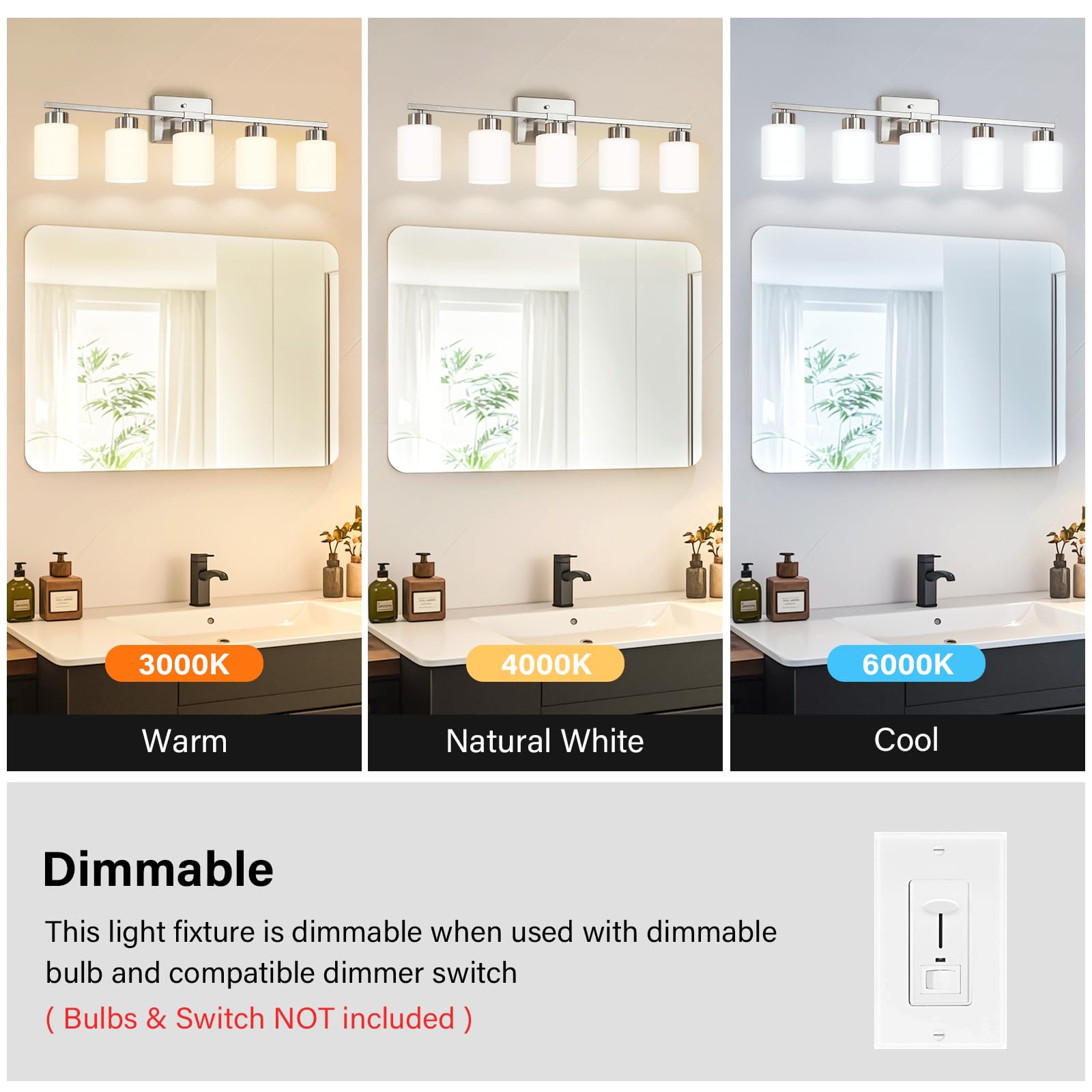 Fonmyim Brushed Nickel Bathroom Light Fixtures, 5-Light Modern Vanity Light Over Mirror, Wall Sconces With Milky White Frosted G