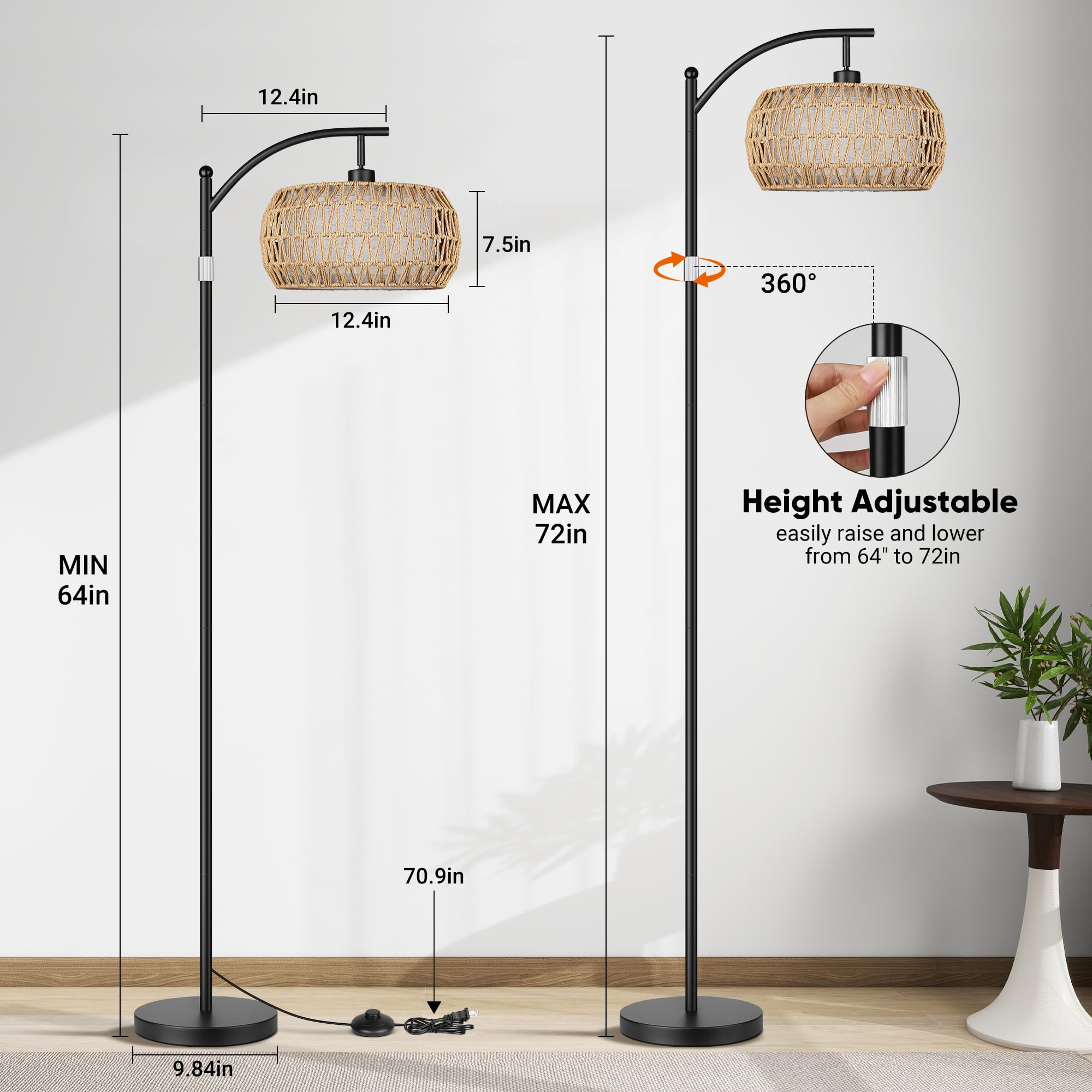 Rottogoon Boho Floor Lamp With Dimmable Bulb, Rattan &Linen Double Shades, Boho Standing Tall Lamps With Foot Switch, Bohemian F