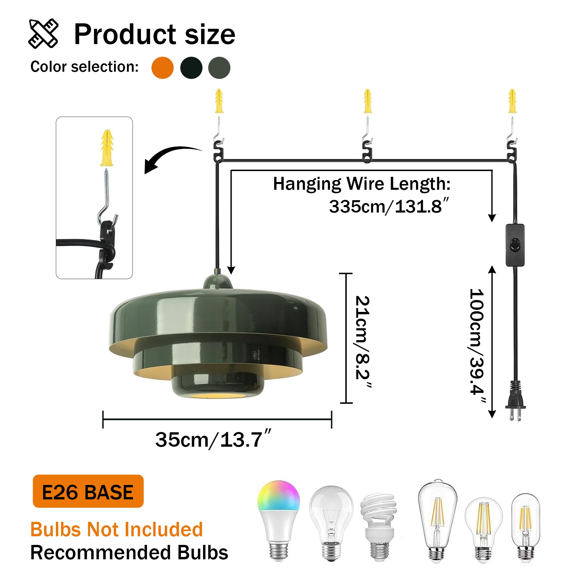 DoungRos Green Pendant Light Fixture - 16FT Plug-in Cord, 3-Layer Shade, Mid Century Modern for Bedroom, Dining Room, Living Room - Model DR011