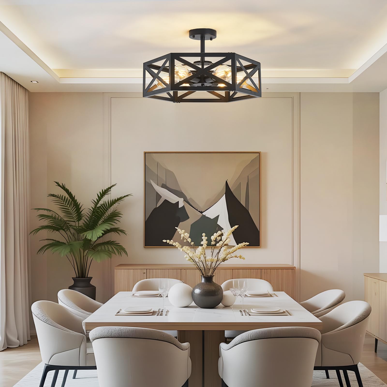 Oteedo Modern Semi Flush Mount Ceiling Light 19.7 6-Light Hexagon Flush Mount Ceiling Lights For Dining Room Light Fixture Farmhouse Black Metal Kitchen Island Lighting Fixtures For Hallway Bathroom