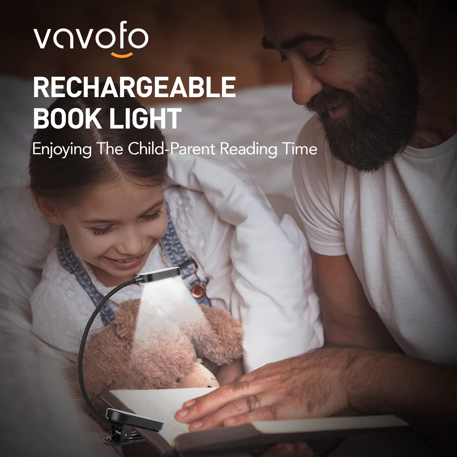 VAVOFO Rechargeable Book Light, 14 LEDs, Amber Color, 9 Brightness Levels, Clip-On Design, Model KM-6775, Black