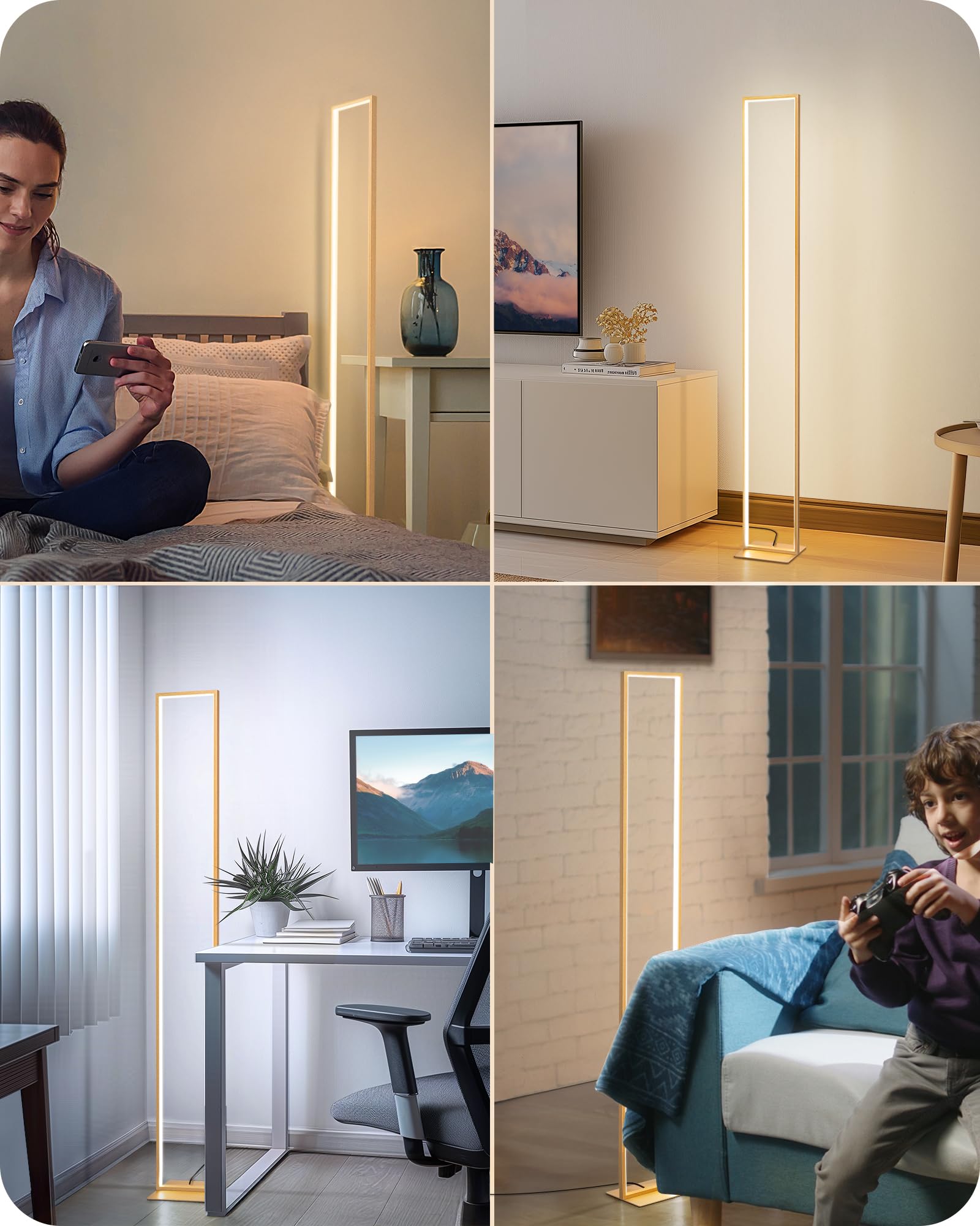EDISHINE LED Floor Lamp - 55" Gold Modern Minimalist Corner Light, Dimmable 3000K-6000K, Remote & Foot Switch, Aluminum, Model TF0514