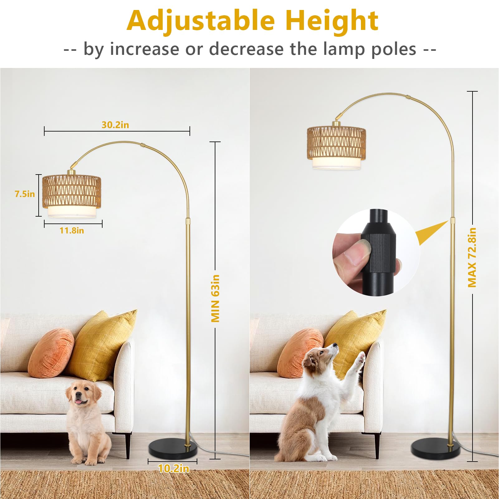 Arc Floor Lamp For Bedroom With Rattan & Linen Shades, Gold Floor Lamp With Remote & Dimming Bulb, Rustic Standing Lamp With 3 C