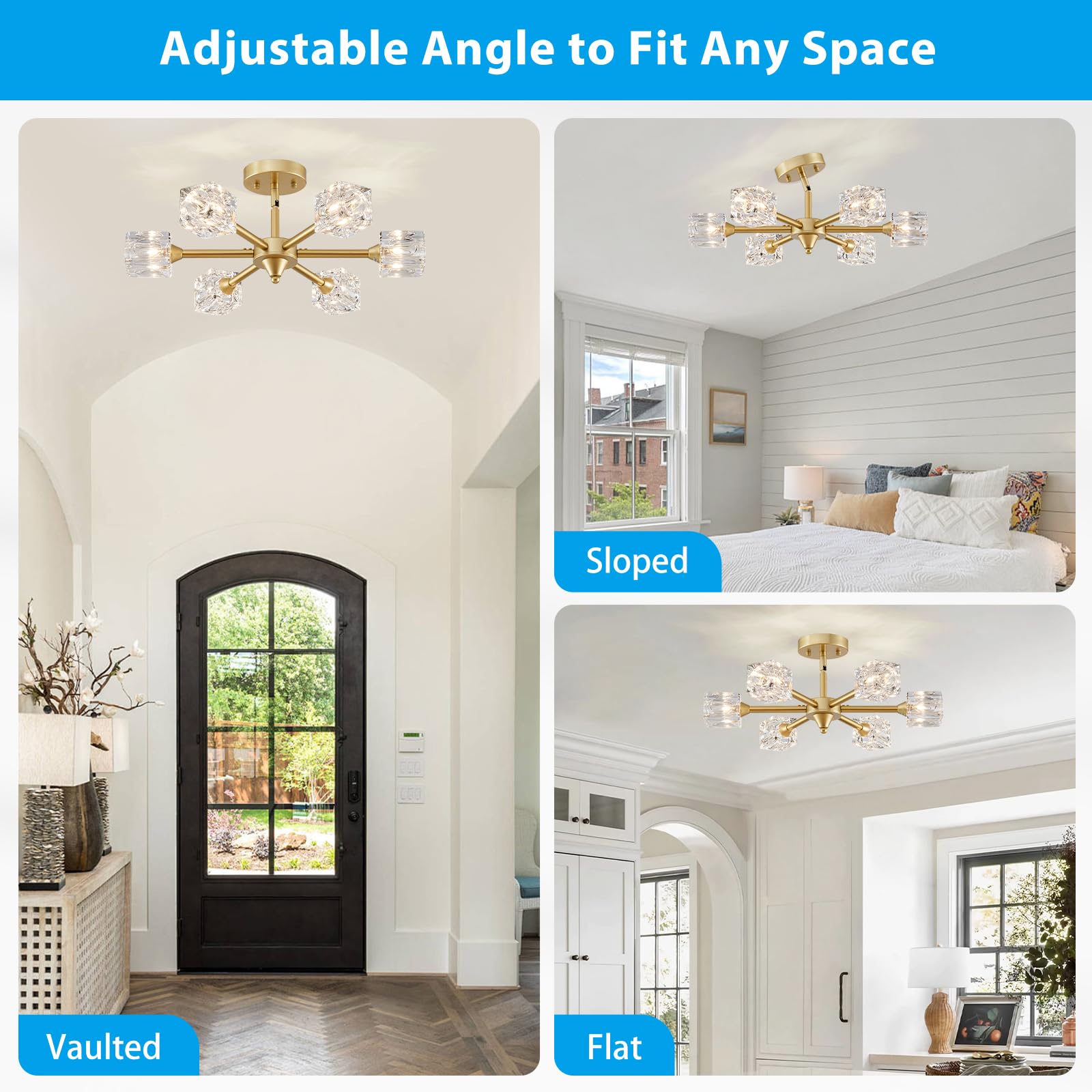 Xingqi Gold Glass Chandelier Sputnik 6-Light Mid Century Semi Flush Mount Ceiling Light Fixture 22'' Modern Ceiling Lighting For