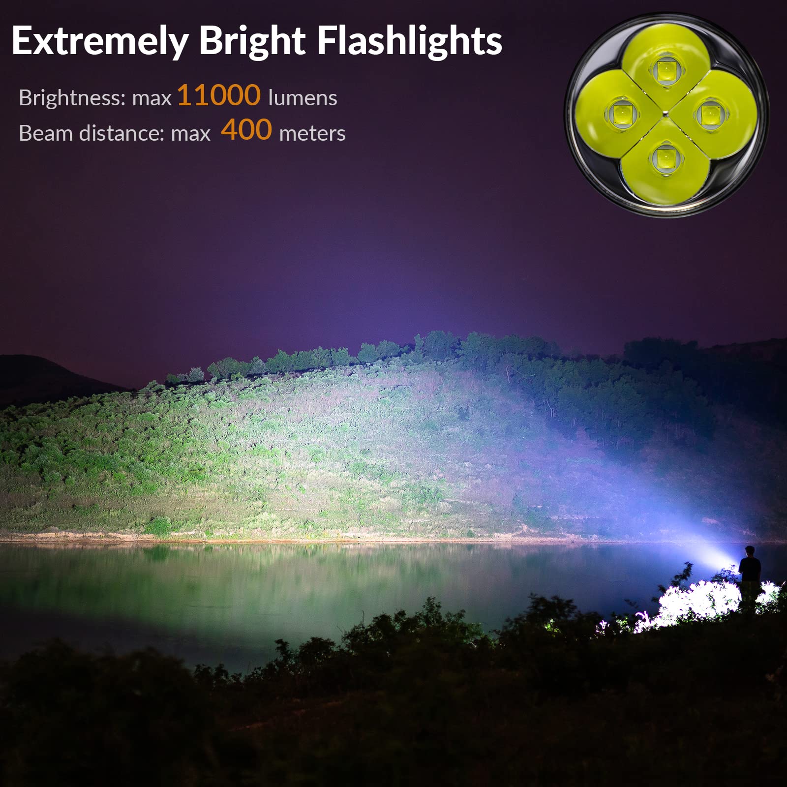 Sofirn Q8 Pro Rechargeable 11000 Lumen Flashlight, Super Bright with 4 x LED, Max 400 Meters Beam Distance, Powerful for Camping