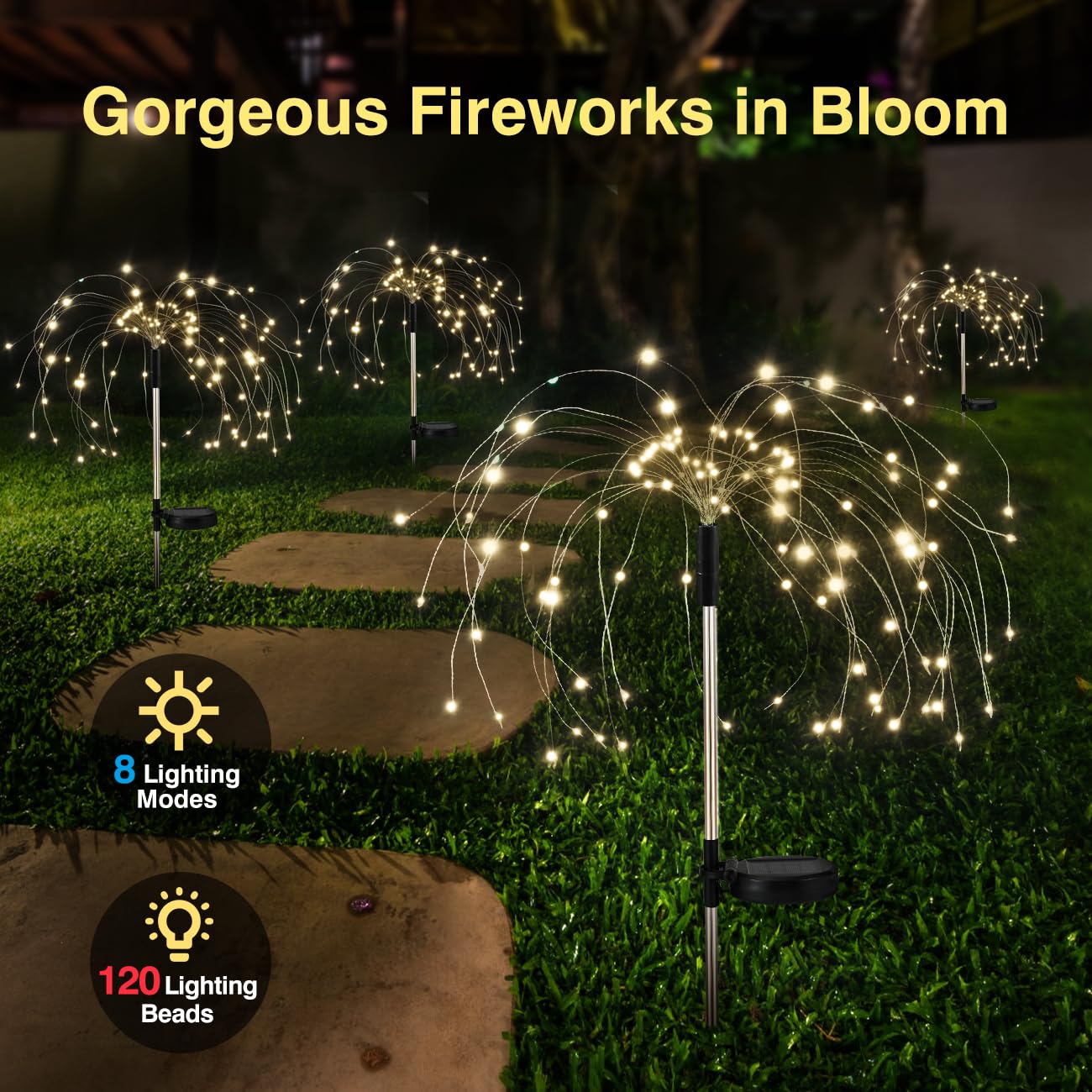 Lewondr Firework Solar Garden Lights 4 Pack, 120 Led Solar Firework Lights With 8 Lighting Modes, Waterproof Sparkler Starburst