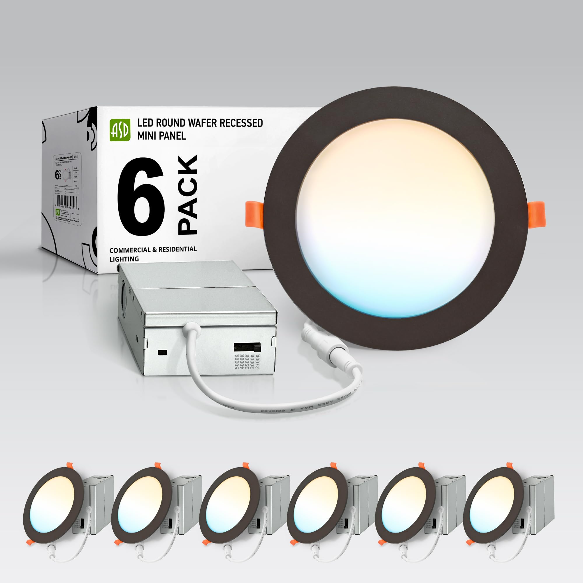 Asd 6 Pack Led Recessed Lighting 6 Inch 12W  5 Cct 2700K-5000K Cri90+  Ic Rated Ultra Thin Dimmable Ceiling Lights With J Box  Canless Wafer Downlight  Round Slim Panel Light  Energy Star Etl  Bronze