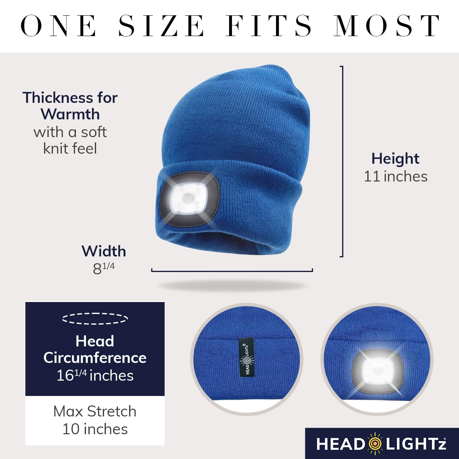 Head Lightz Headlightz By Roq Innovation - Beanie With Light, Unisex Led Beanie Hat With Light Built In, Rechargeable, Blue/Whit