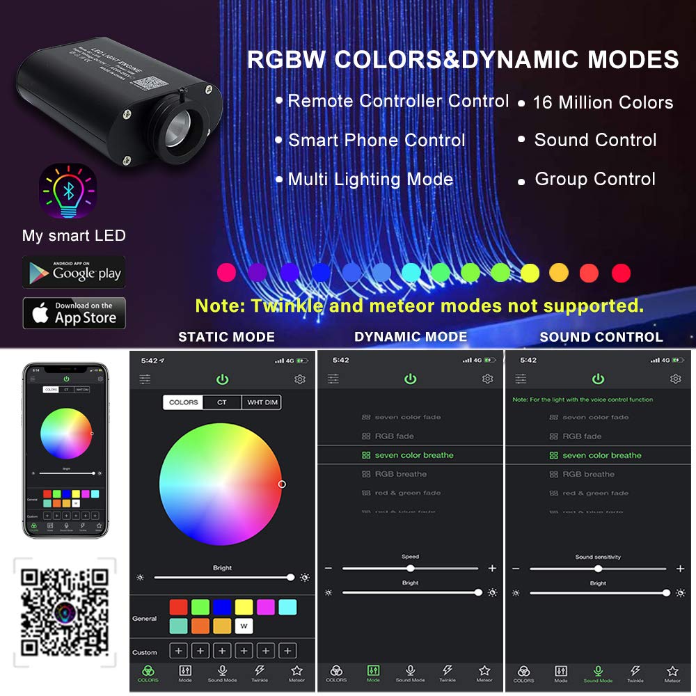 AMKI 16W RGBW Fiber Optic Curtain Light Kit, 300 Strands, 6.5ft, Multicolor, Smart App Control