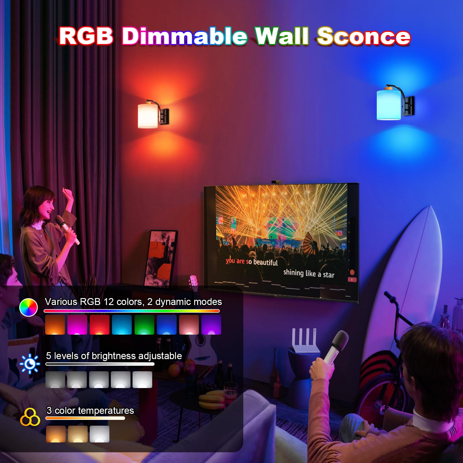 Aiilsmp Battery Operated Wall Sconces Set of Two,Black Rechargeable Wireless Wall Sconce with Remote,Dimmable 12 Colors Modes Le