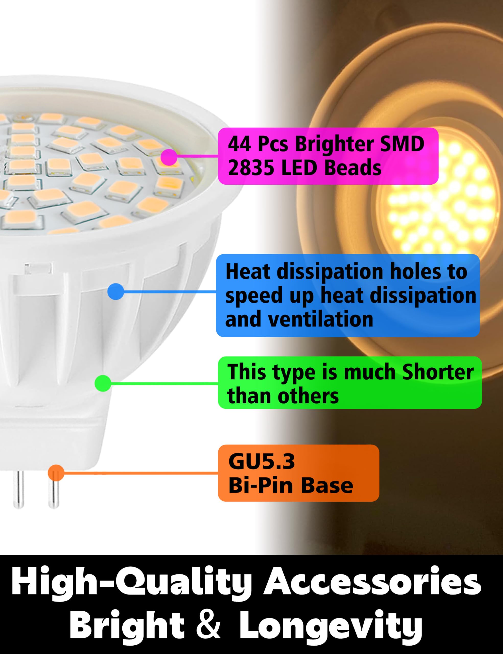 Mr16 Led Bulbs Non-Dimmable 50W Halogen Equivalent, 2700K Warm White, 12V Gu5.3 Led Spotlight Bulb, 120 Degree Flood Beam Angle