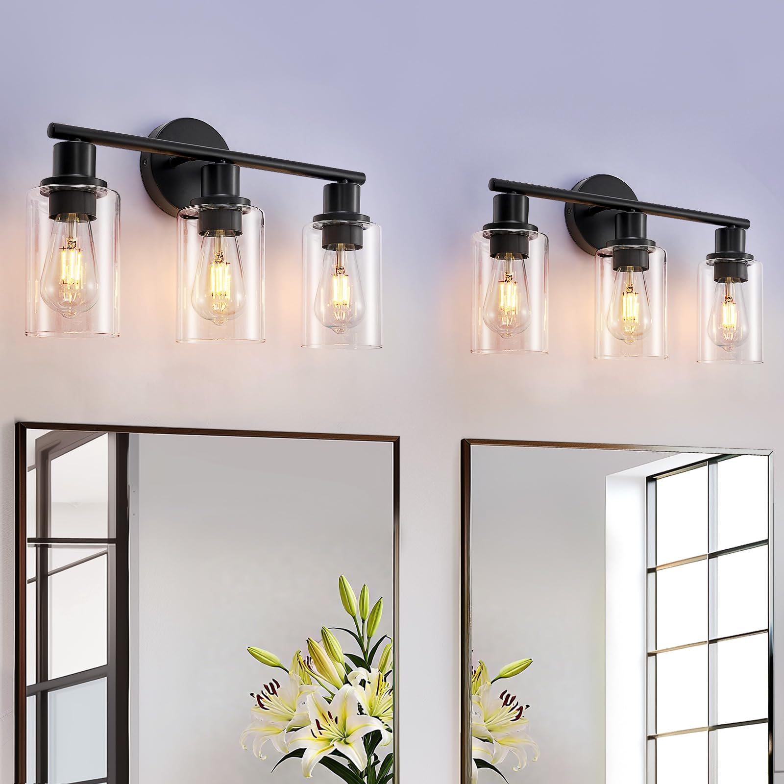 DINGLILIGHTING DLLT 3-Light Bathroom Light Fixtures - Matte Black, Metal, 2 Packs, Clear Glass Shade, E26 Bulb Base