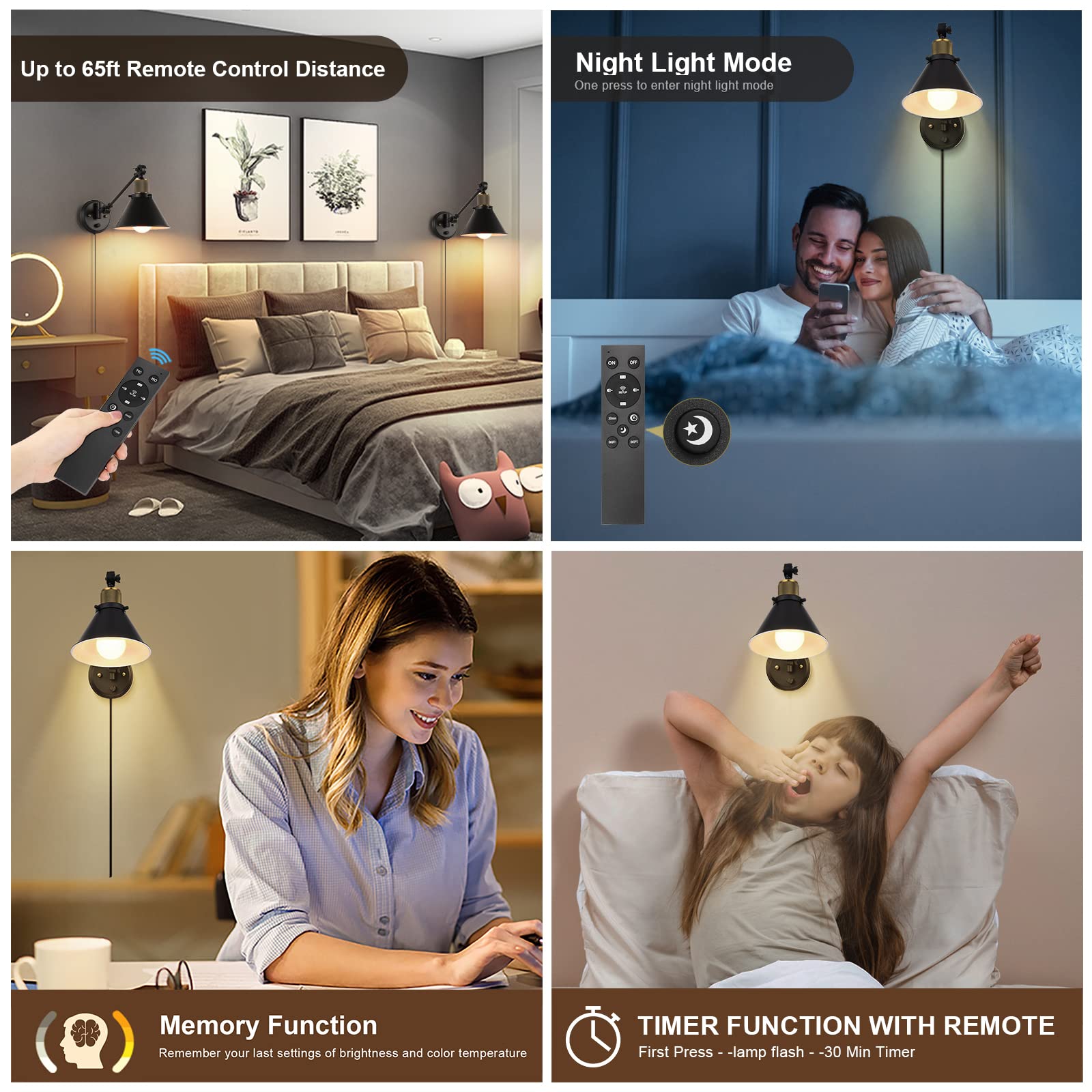 TRLIFE Dimmable Wall Sconce with Remote Control, Adjustable Color Temperature 2700K-6000K, 2 Pack, Black, Metal