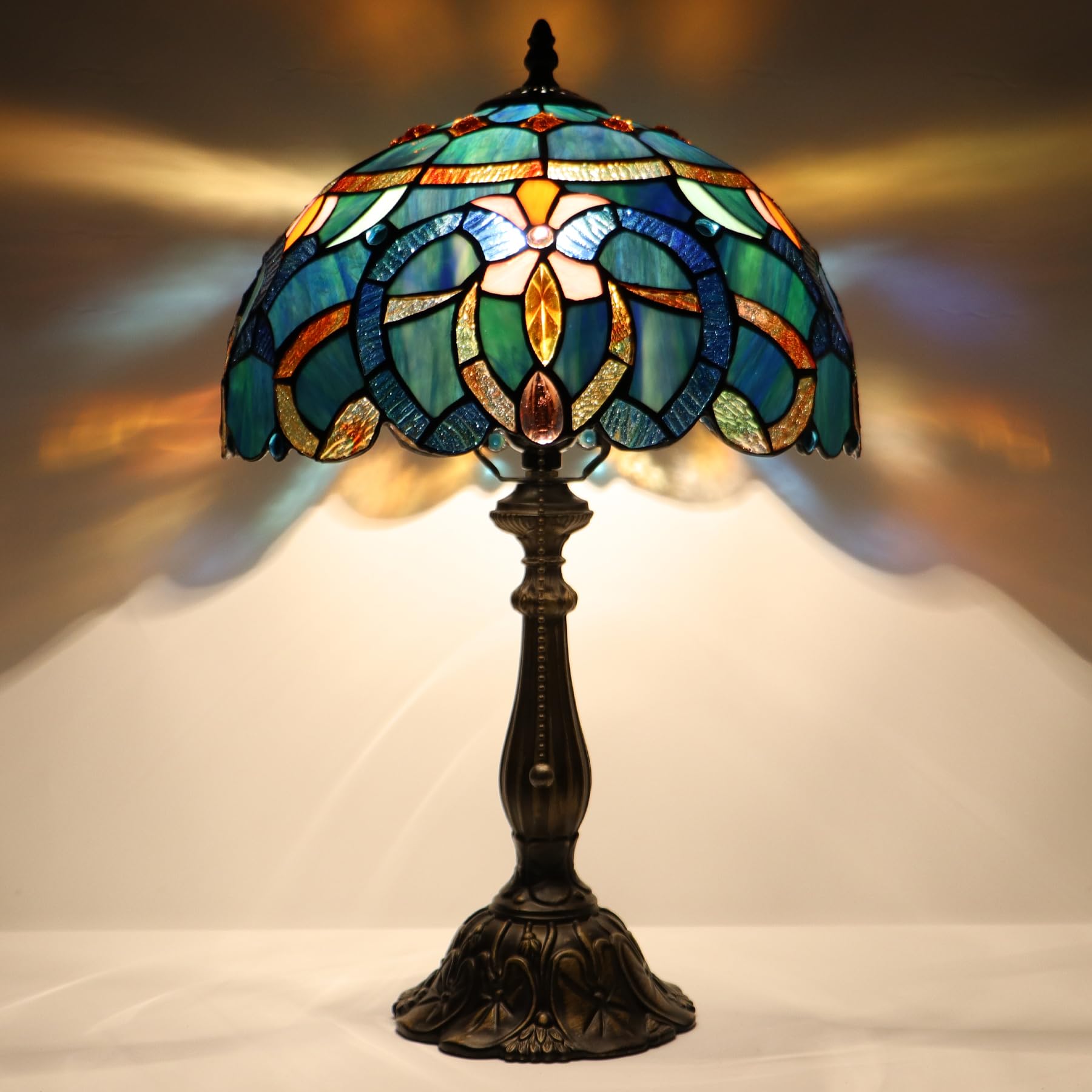 LXHCYOU Tiffany Lamp Table Lamp Bedside Reading Light W12H19 Inches (Blue Baroque Style)