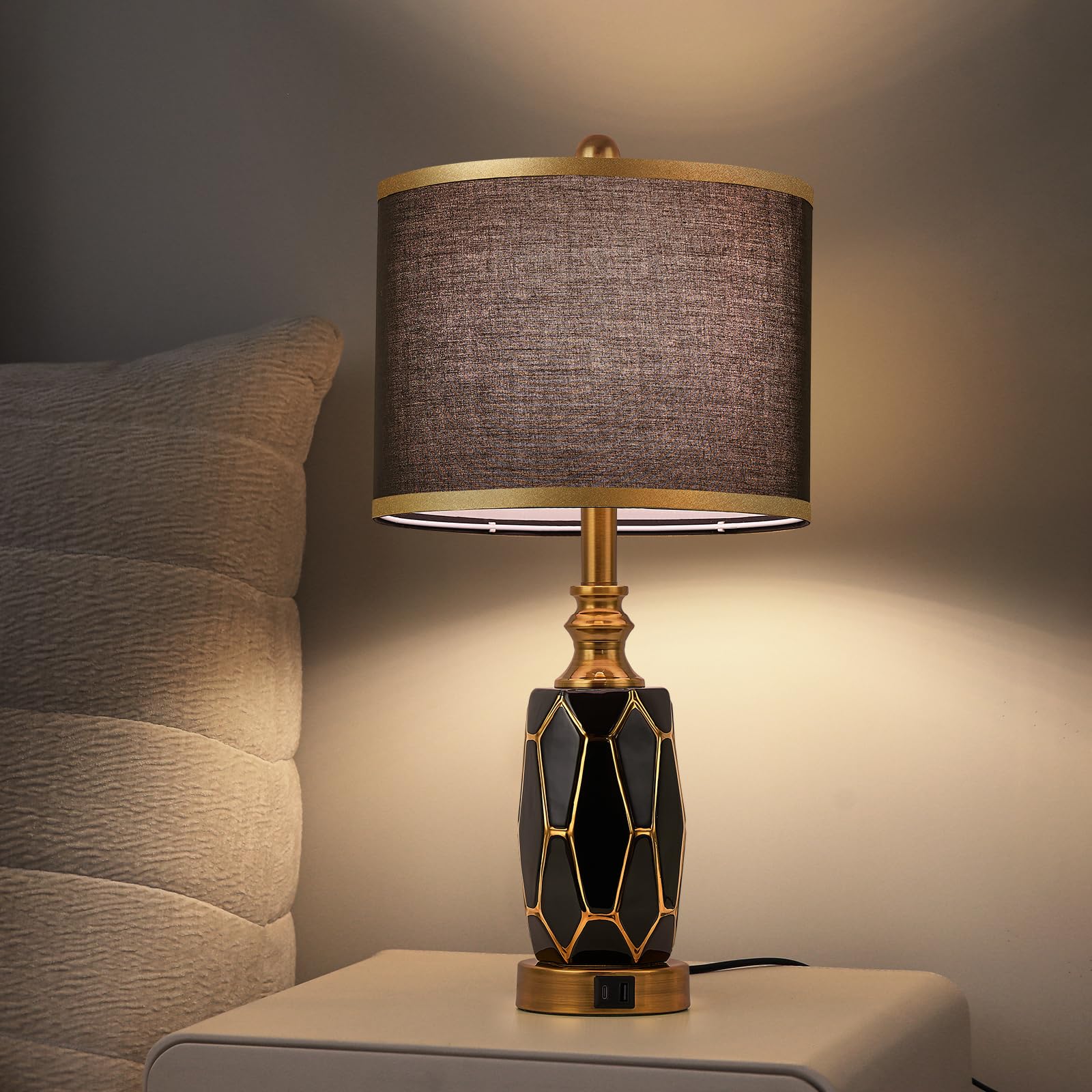 workluurop Touch Control Table Lamps Set of 2, Ceramic, USB Ports, 25.5 Inches, Black and Gold, Model HYZCJF