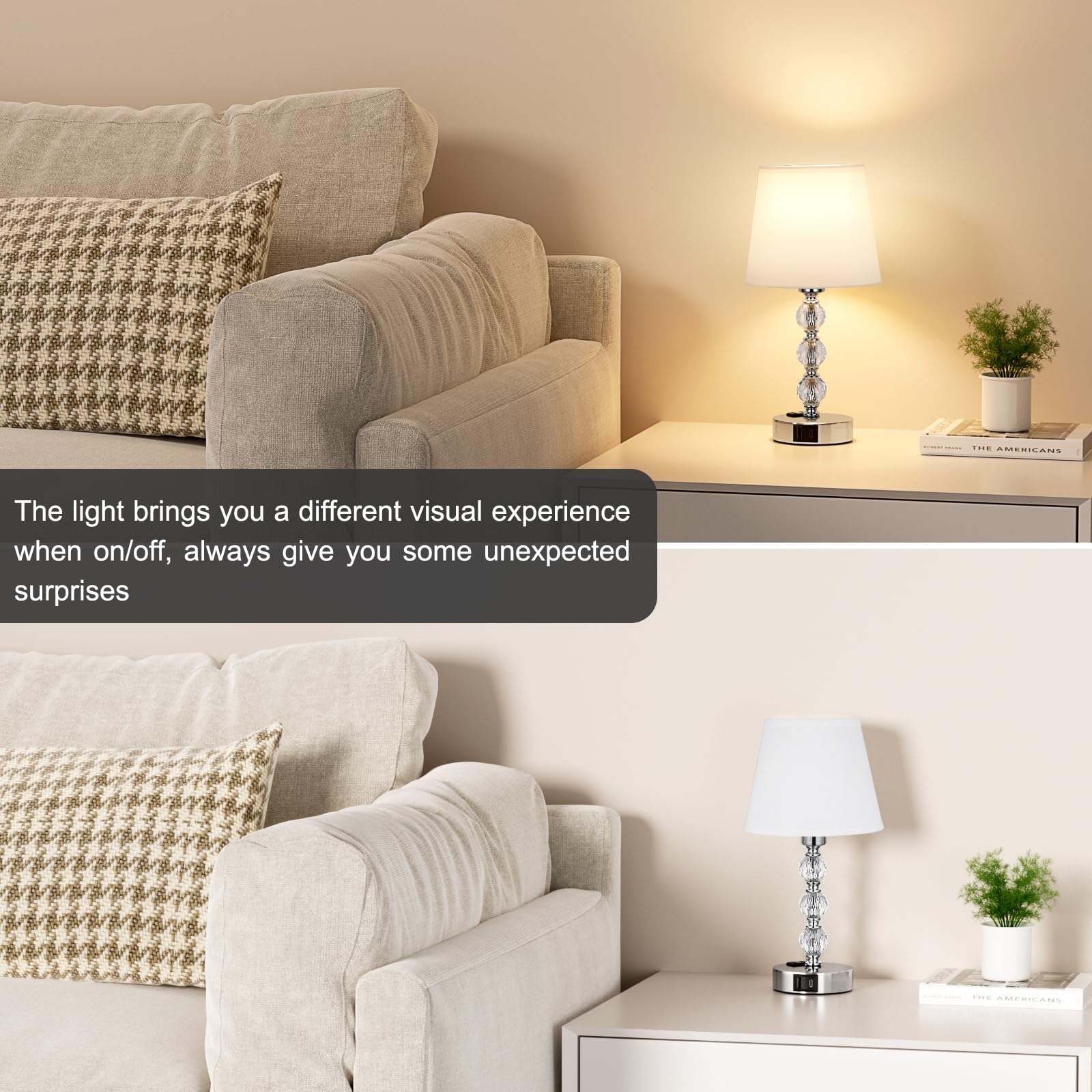 Acaxin 14.6'' Bedside Lamps For Bedrooms Set Of 2 - Mini Crystal Table Lamps With Usb A+C Charging Ports And Ac Outlet, 3 Way Di