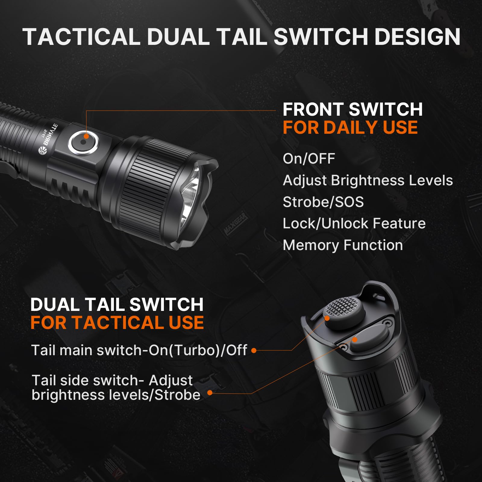 Brinyte PT16 Tactical Flashlight 2000 Lumens Super Bright LED Flashlight, 600m Long Beam USB-C Rechargeable Dual Switches, IP68