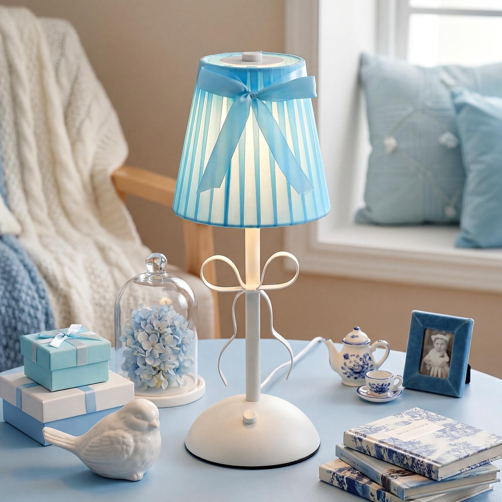 Chunful Blue Bow Lamp Plugged in for Women Room Coquette Lamp with USB Port Metal Touch Desk Decor 11.8 Inch Tall Cute Bedside L