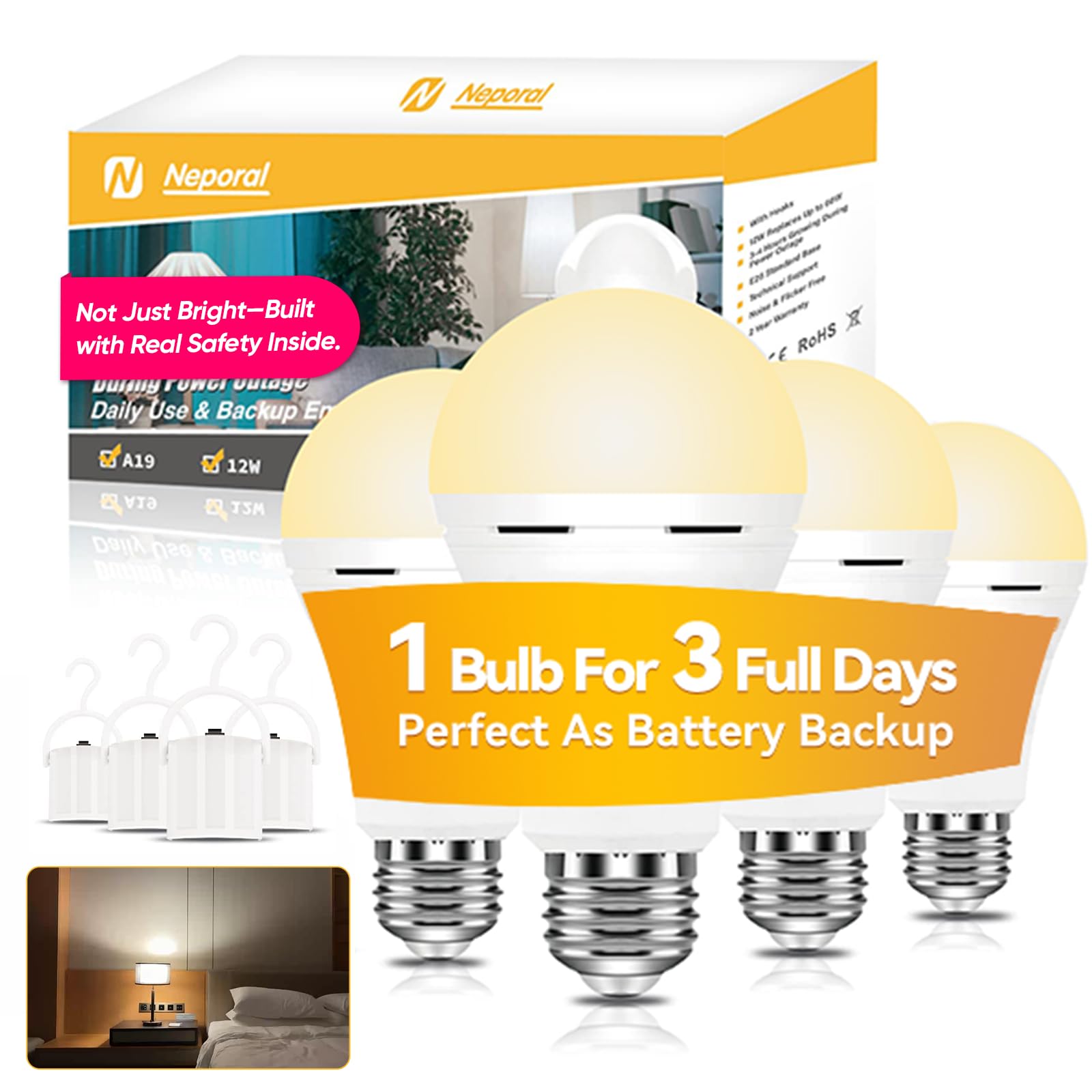 Neporal Lite Pro Rechargeable Light Bulbs, 2600Mah Large Battery Backup Light Bulbs, Perfect As Emergency Lights For Home, Hurri