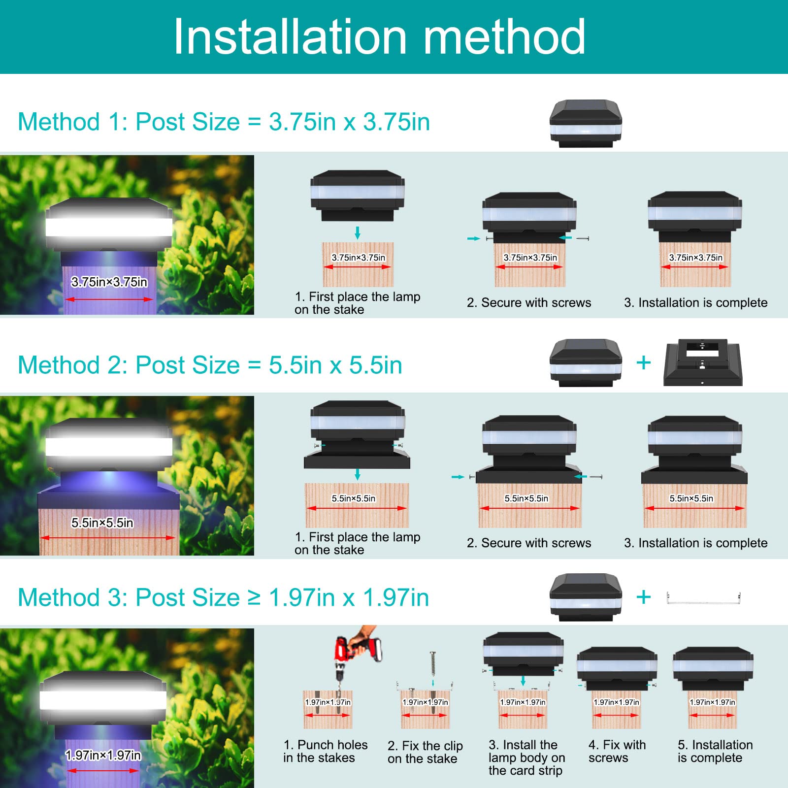 Sumaote Solar Post Lights - 160LM, 52 LED, IP65 Waterproof, 6000K White, Fits 4x4 5x5 6x6 Posts,