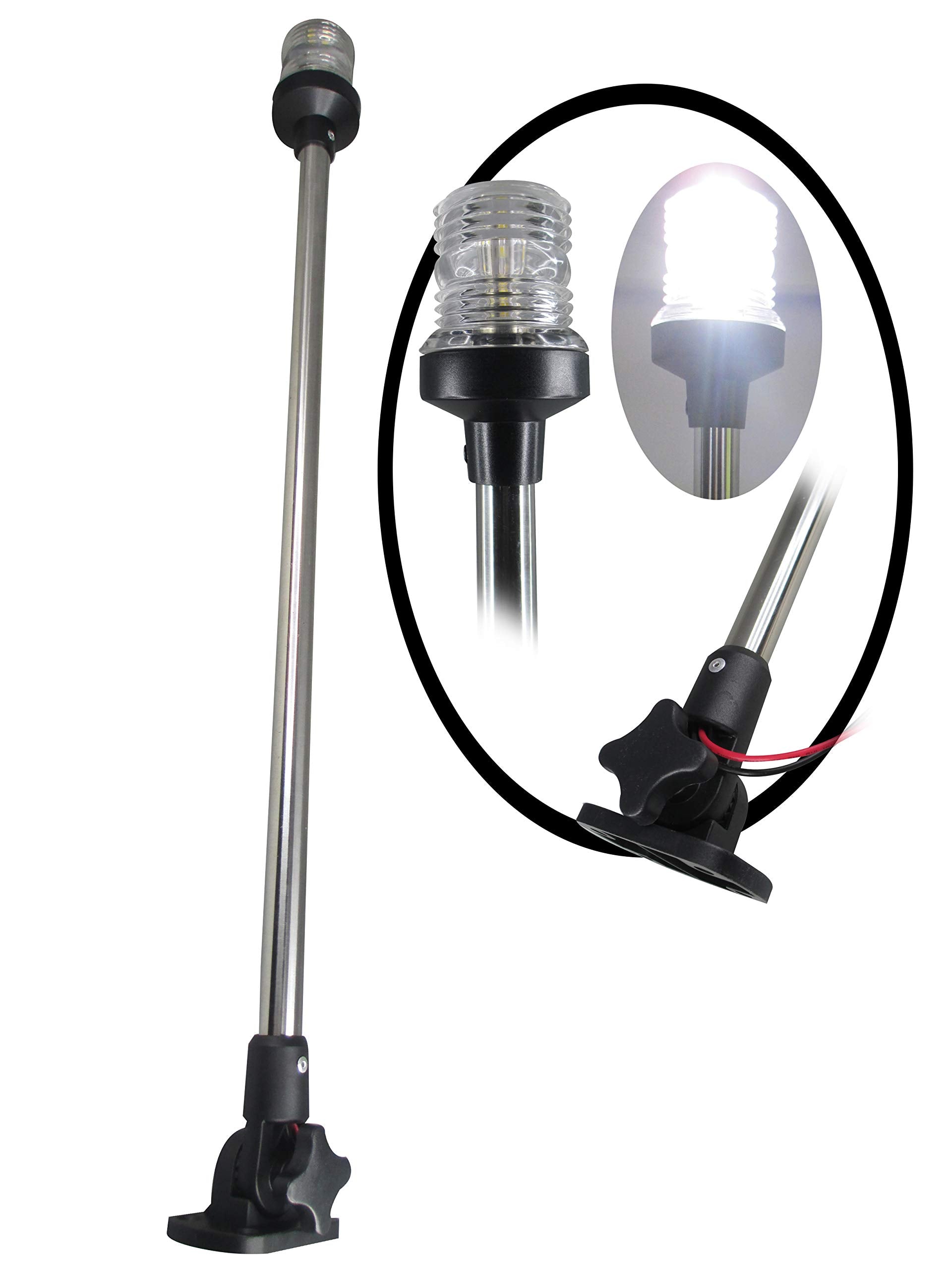 Pactrade Marine 12V Boat Navigation Anchor Light 360° White LED Fold Down Base H=25in Black Housing USCG-Certified