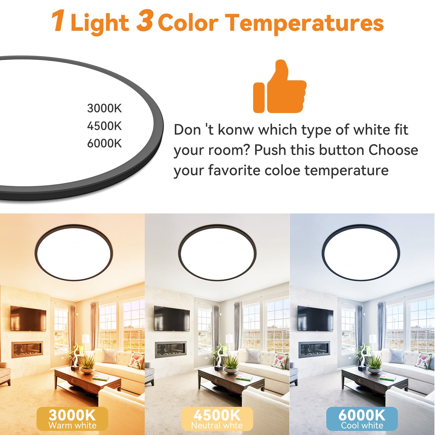 1Pack Led Flush Mount Ceiling Light Fixture, 3000K-4500K-6000K & 150W Equivalent Modern Kitchen Ceiling Lamp 36W 3600Lm 16 Inch