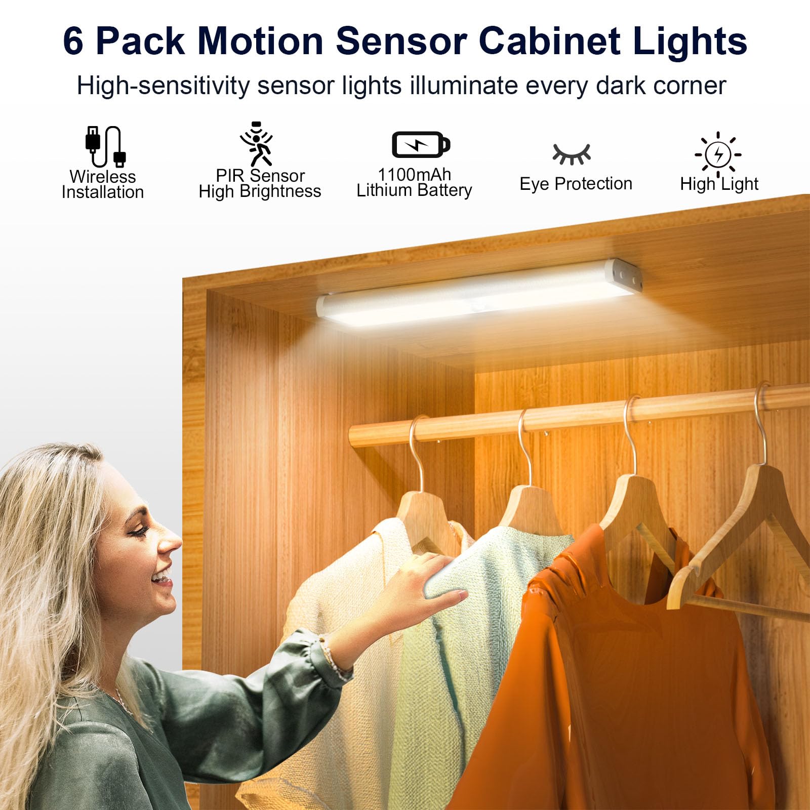 Diomart 58 LED Rechargeable Under Cabinet Motion Sensor Lights - Wireless Indoor Night Lights with Remote Control, Multicolor (6 Pcs)