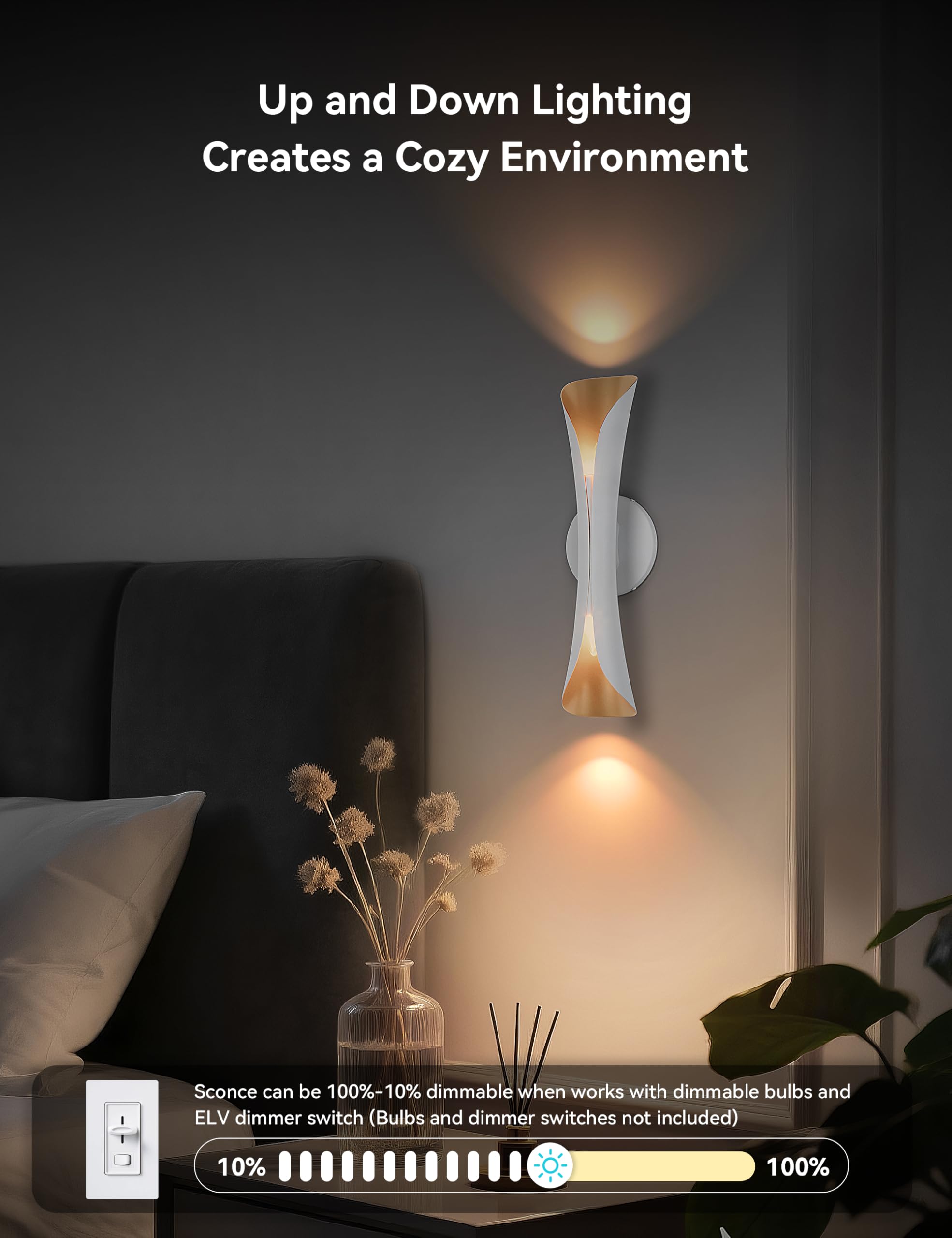 Tubicen Wall Sconce Up And Down Wall Light Indoor Dimmable E12 Home Theater Sconces Wall Lighting 15.7 H Sleek Modern Wall Lights For Living Room Bedroom Stairway Hardwired