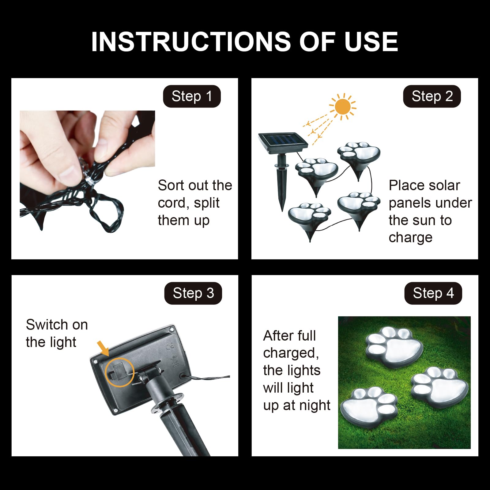 Ratopo Animal Paw Print Solar Lights - 4 Pack, IP55 Waterproof, Cool White Outdoor Garden Decor, Model 19-WD-4
