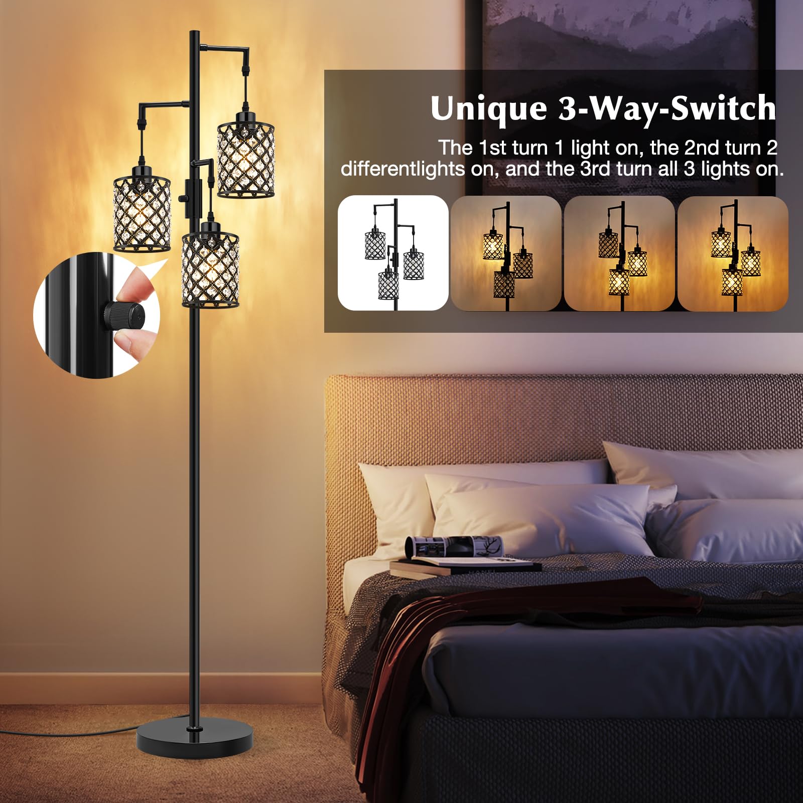 GyroVu 3-Light Black Floor Lamp with K9 Crystal Shade, Modern Design for Living Room & Bedroom, Model G-1FL-1769C