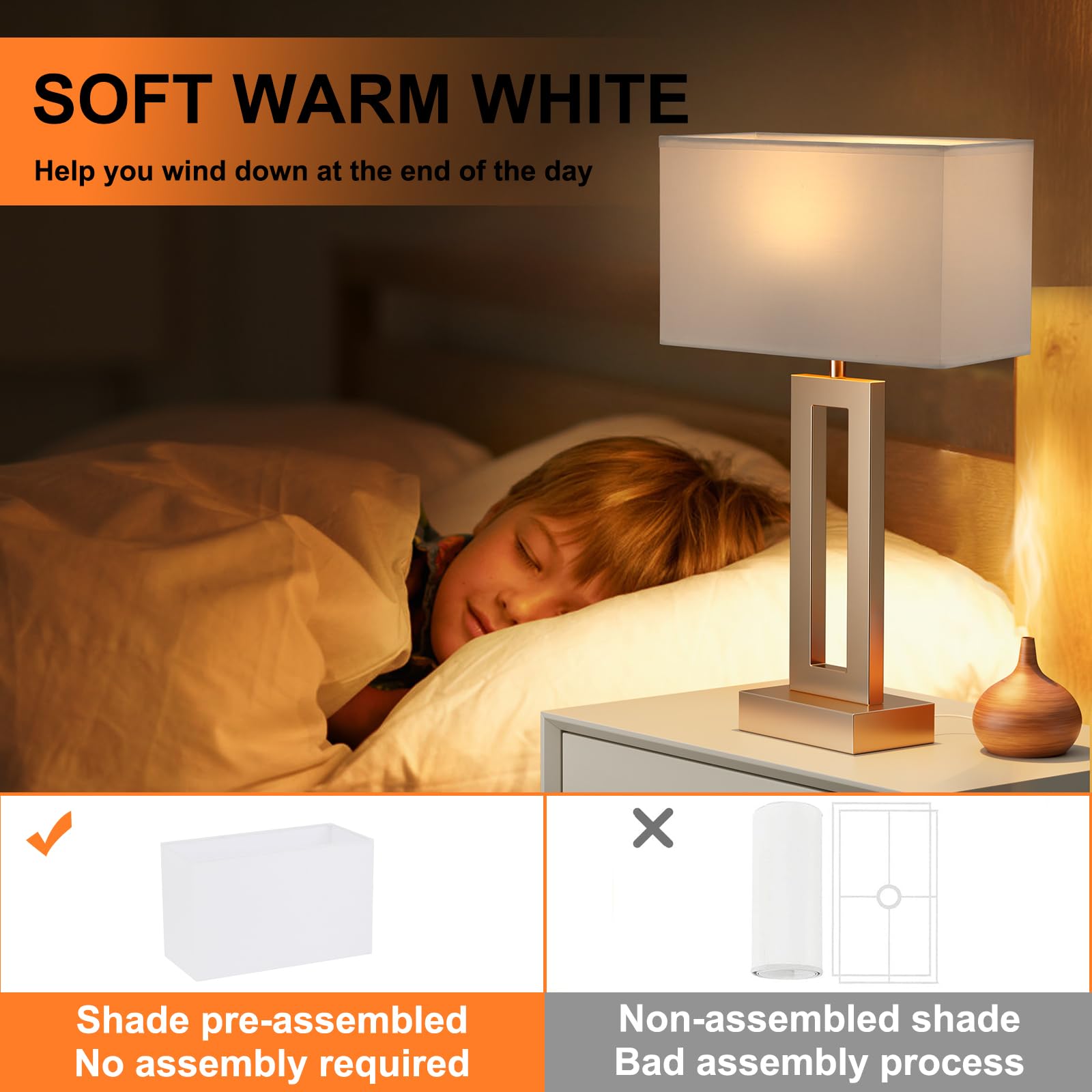 Seealle Nightstand Table Lamps Set of 2 - Touch Control, USB C+A, 3-Way Dimmable, Medium Size, White & Flash-Grey