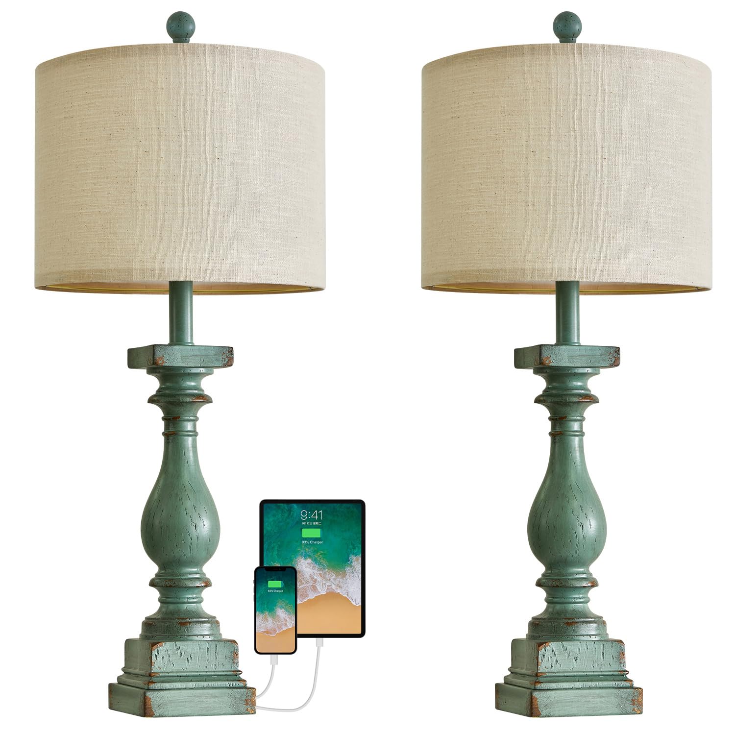 BOBOMOMO 27" Farmhouse Table Lamp Set of 2, Vintage Rustic Resin, Antique Green, USB A+C, Model AMZ-T279USB-GRN