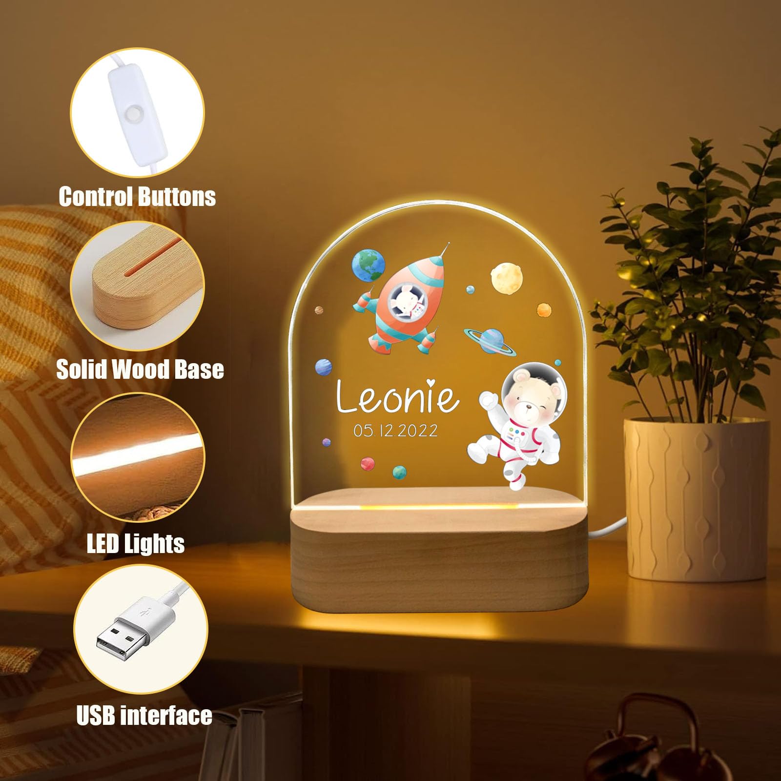 Fallover Personalised Gifts - Customised Night Lights with Name & Date, Baptism Gifts for Girls/Boys, Kids Night Light Bedroom -