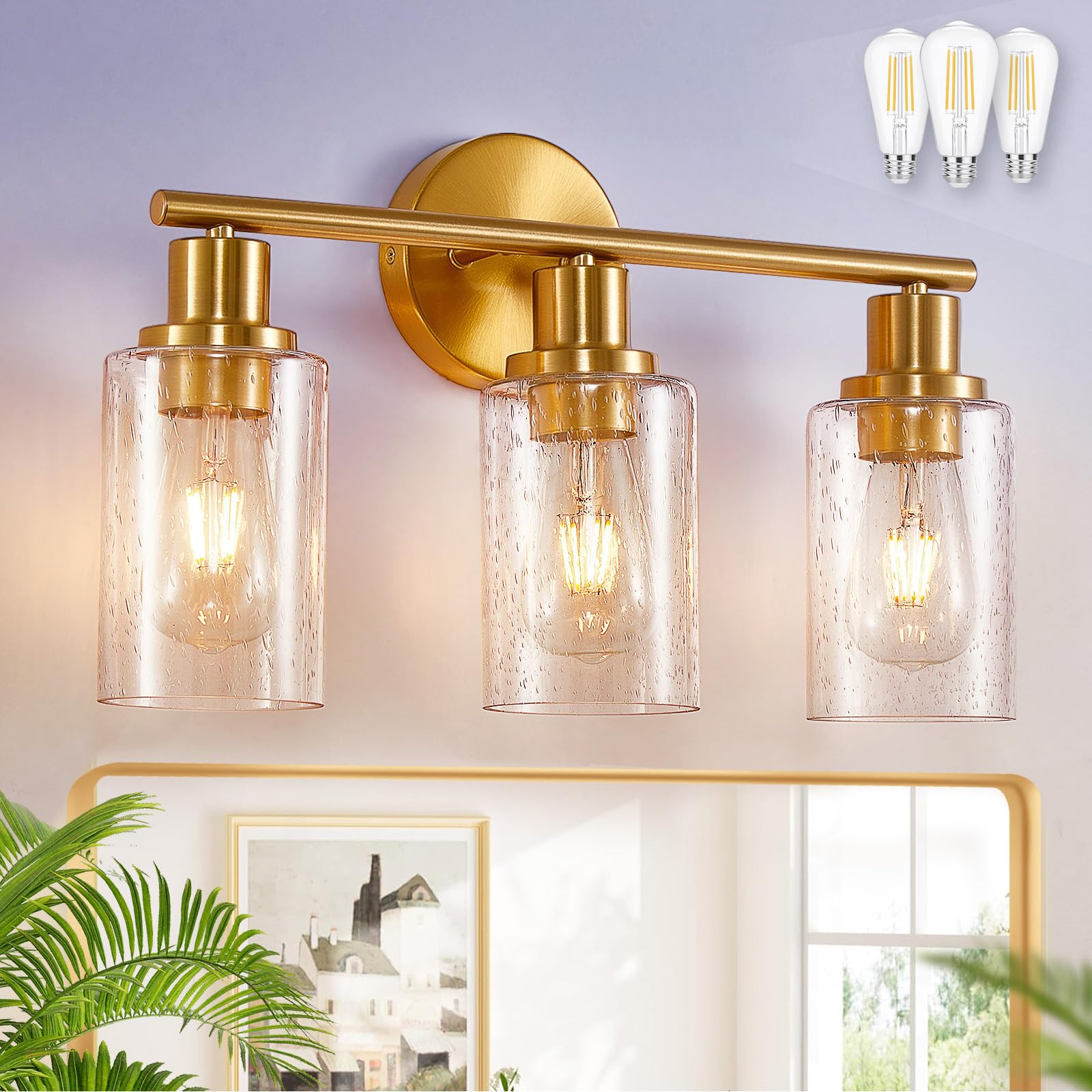 DINGLILIGHTING 3-Light Bathroom Light Fixtures, Brushed Gold & Bubbled Glass, Modern Vanity Wall Lamp for Kitchen, Living Room, Hallway