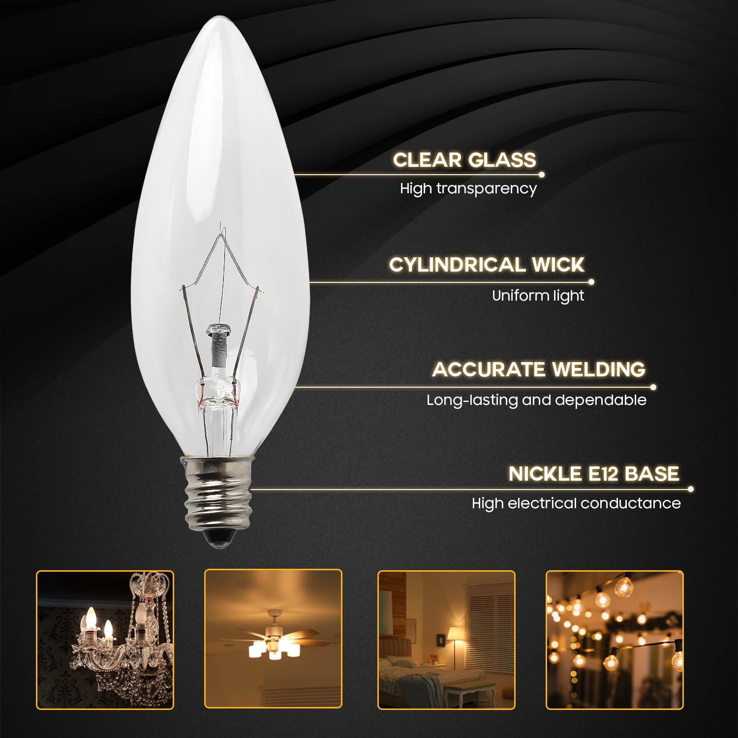 Seentech 12 Pack 60W 120V E12 Base B10 Ctc Incandescent Light Bulbs, Transparent Candle Light Bulbs Perfect For Chandeliers, Cei
