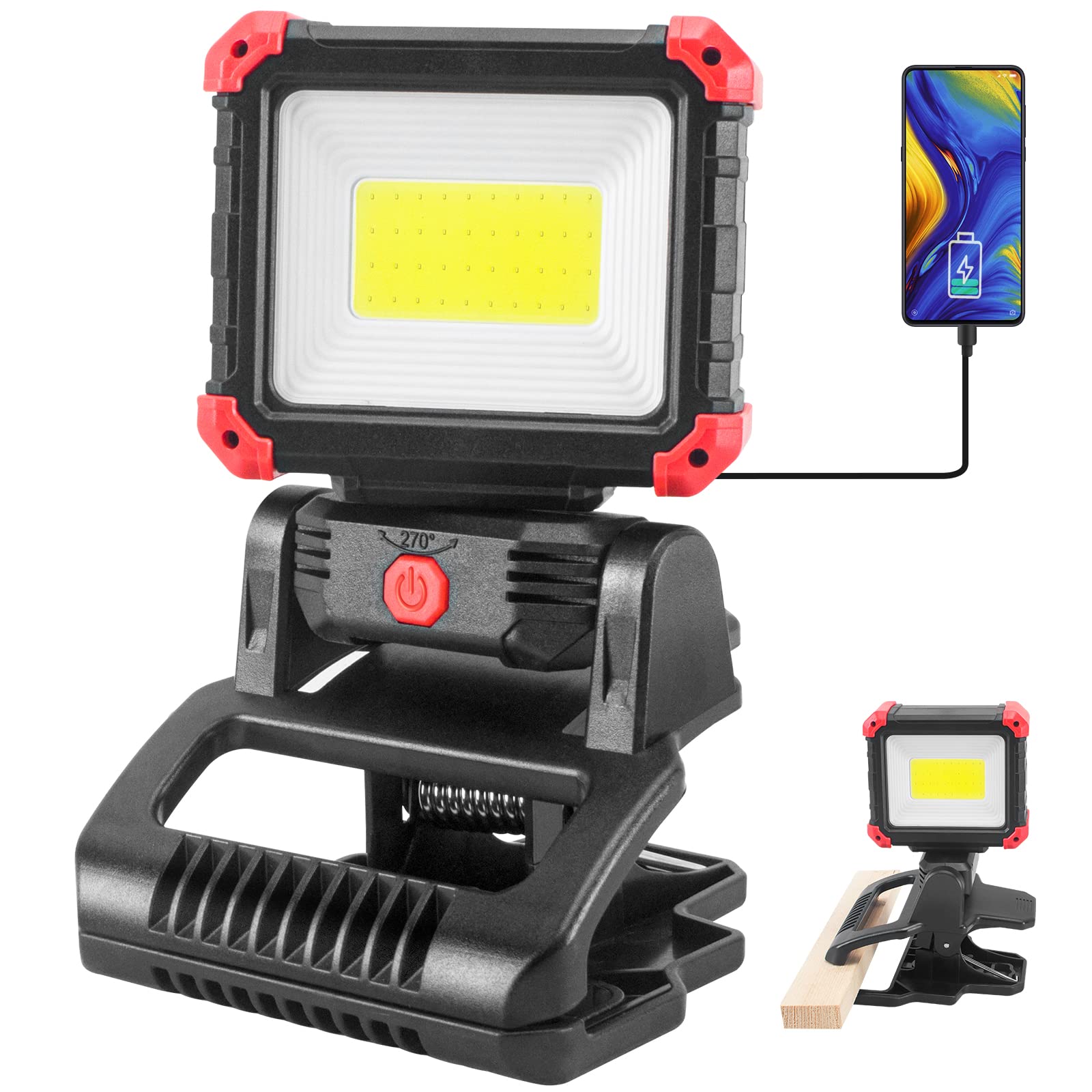Tresda LED Rechargeable Work Light with Clamp, 2100LM Super Bright COB Magnetic Work Light with 3 Light Modes, 270? & 180? Rotat