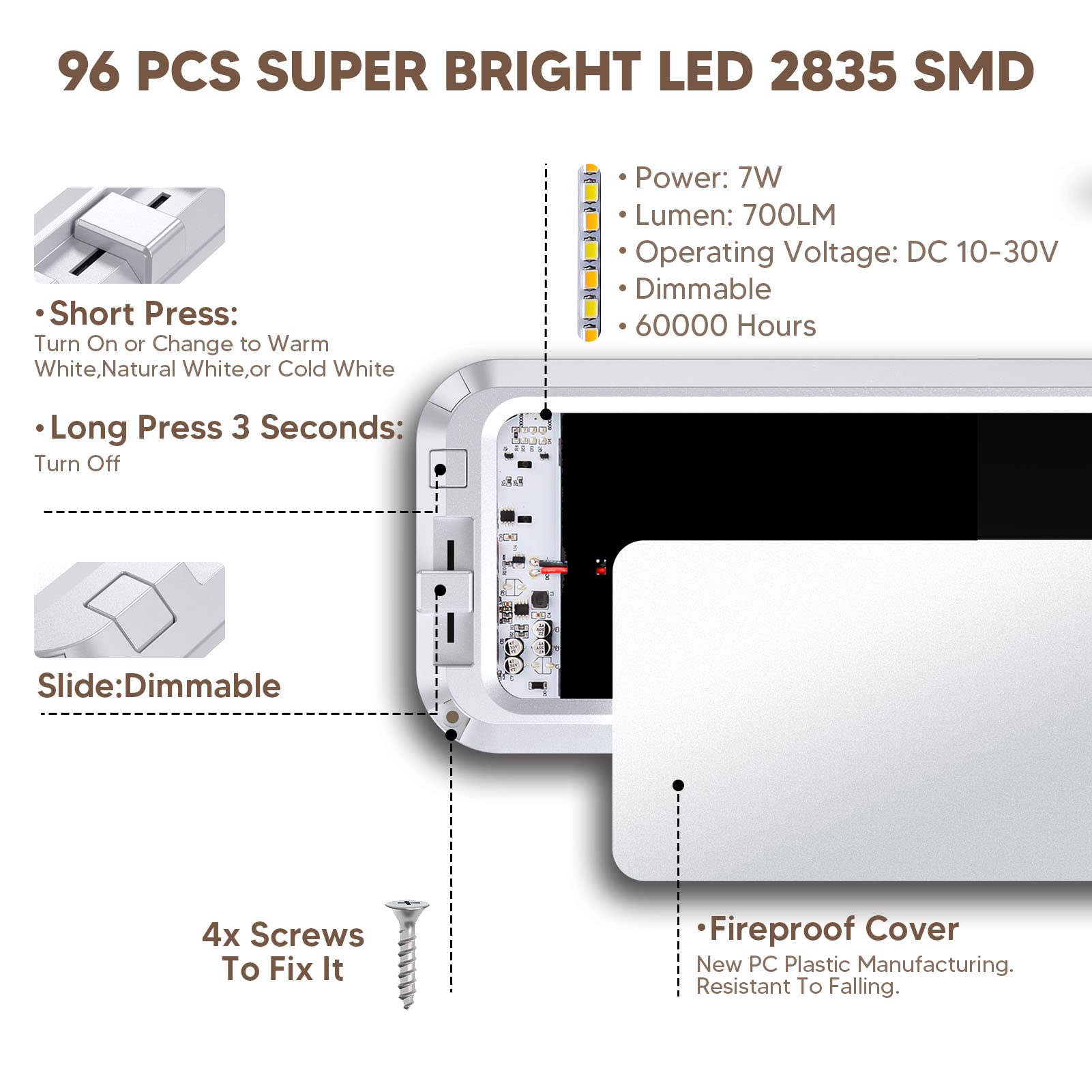 BlueFire RV Interior LED Dome Lights, 700LM Dimmable, 7W, DC10-30V, 4PCS, Acrylic, 3 Color TEM