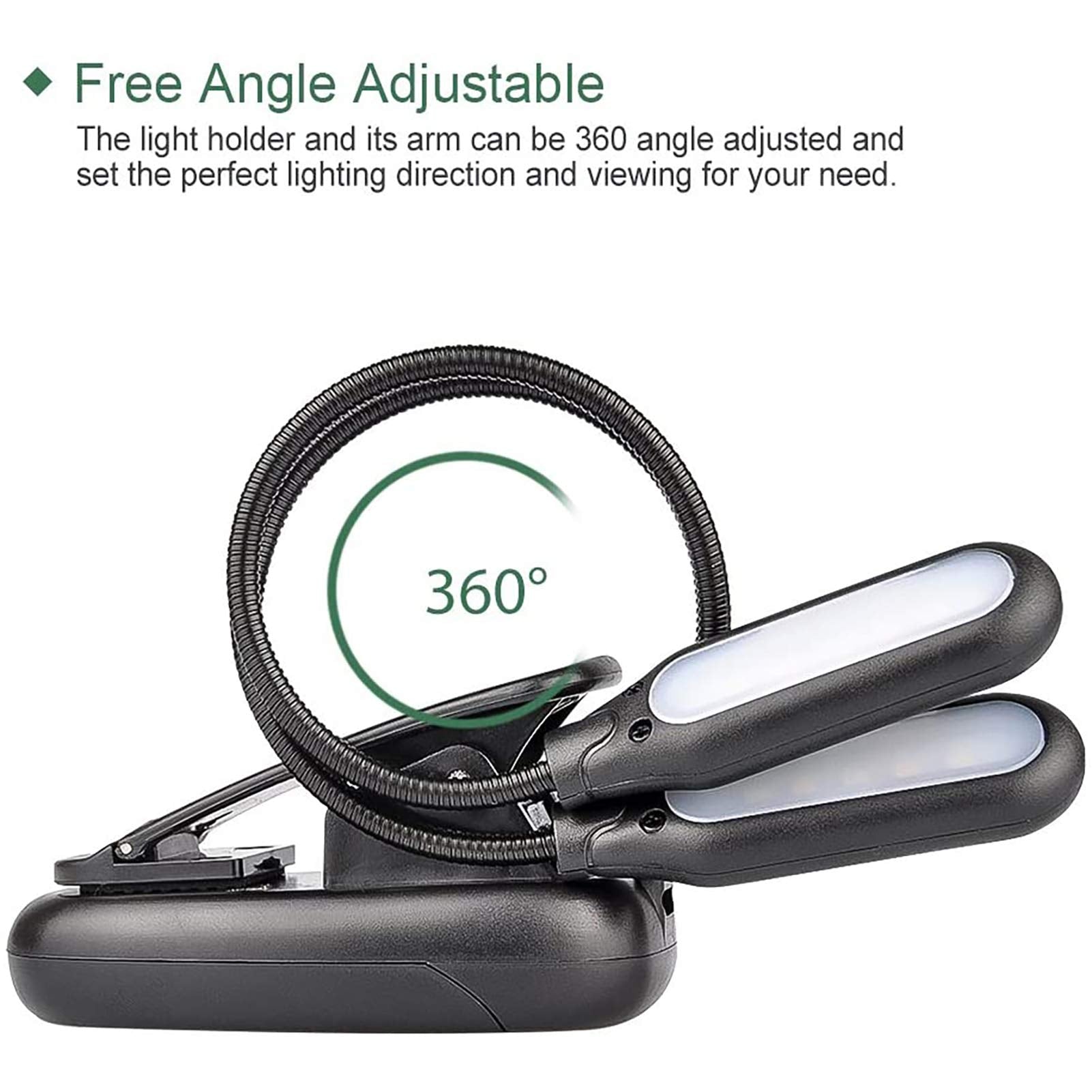 GLORIOUS-LITE Clip On Book Light, 10 LED, 3 Color Modes, Battery & USB Operated, Black, Double Head, Model AAA-BLBL-03-BK