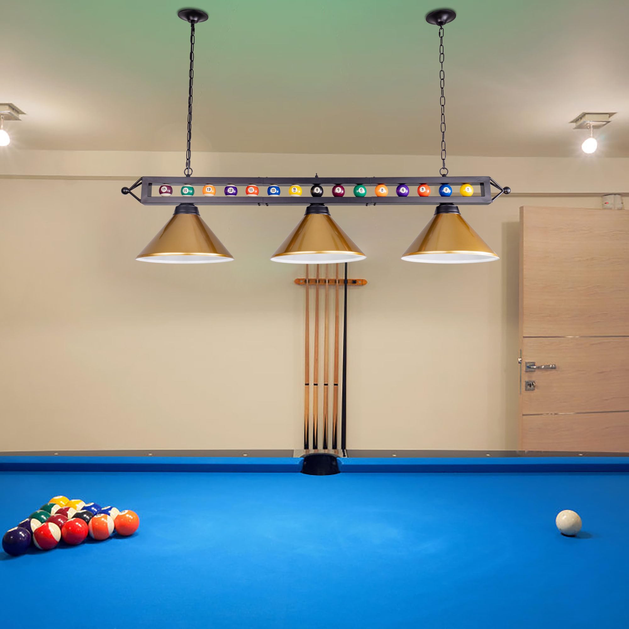 Wellmet 3-Light Billiard Pool Table Pendant Light Fixture, Modern Metal Shade, Gold, for 7'-8' Tables, Model CHL-002-light-Gold